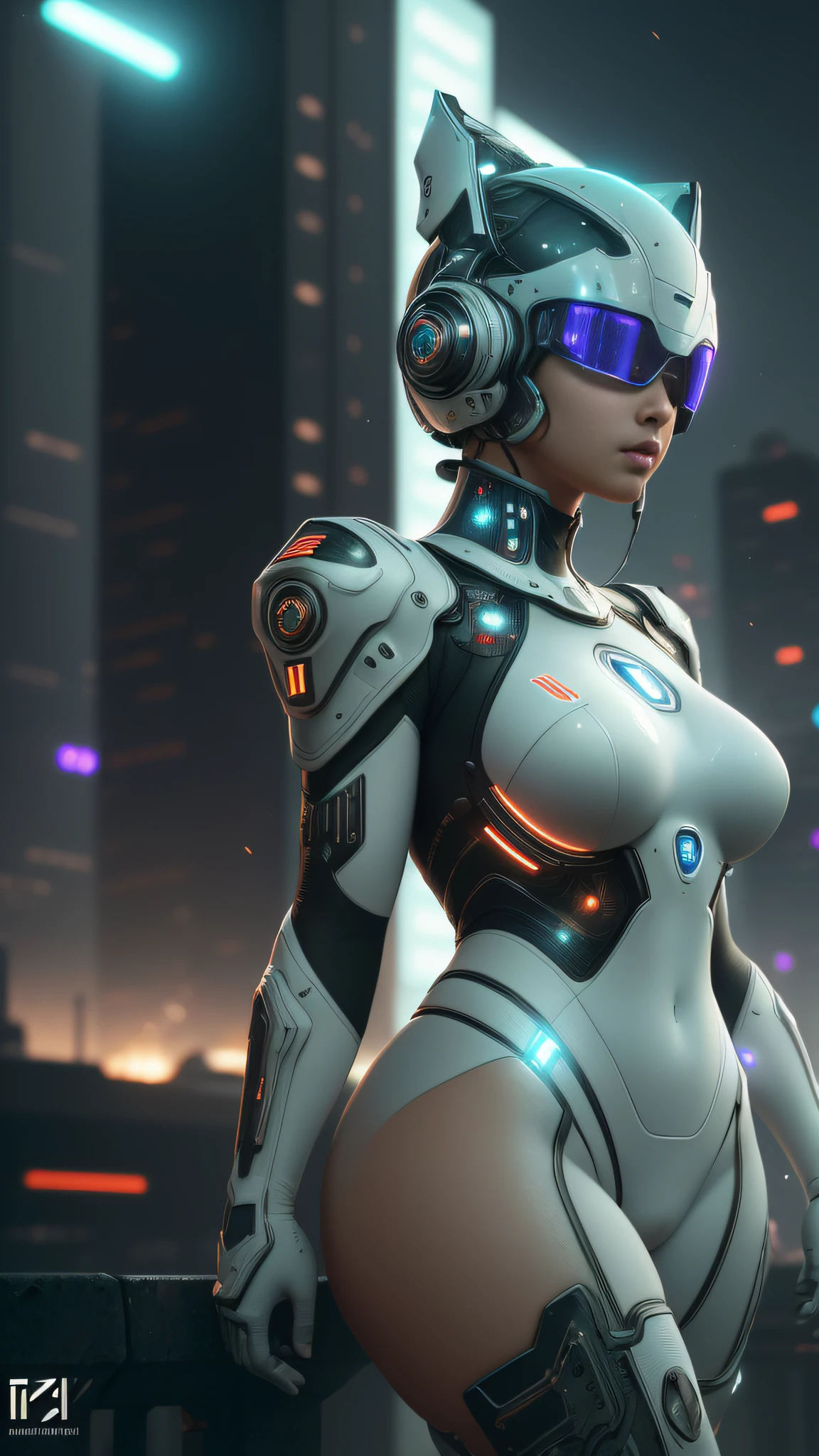 ((best quality)), ((masterpiece)), ((realistic)), (detailed), (photorealistic:1.5), a futuristic girl, (thick body), (white bodysuit), lights on armor, cybernetic headwear, looking at viewer, dynamic pose, post apocalyptic, destroyed city background, buildings on fire, science fiction, hdr, ray tracing, nvidia rtx, super-resolution, unreal 5, subsurface scattering, pbr texturing, post-processing, anisotropic filtering, depth of field, maximum clarity and sharpness, rule of thirds, 8k raw, (luminescent particles:1.4), (extremely detailed cg, unity 8k wallpaper, 3d, cinematic lighting, lens flare), reflections, sharp focus, cyberpunk art, cyberpunk architecture, --auto --s2