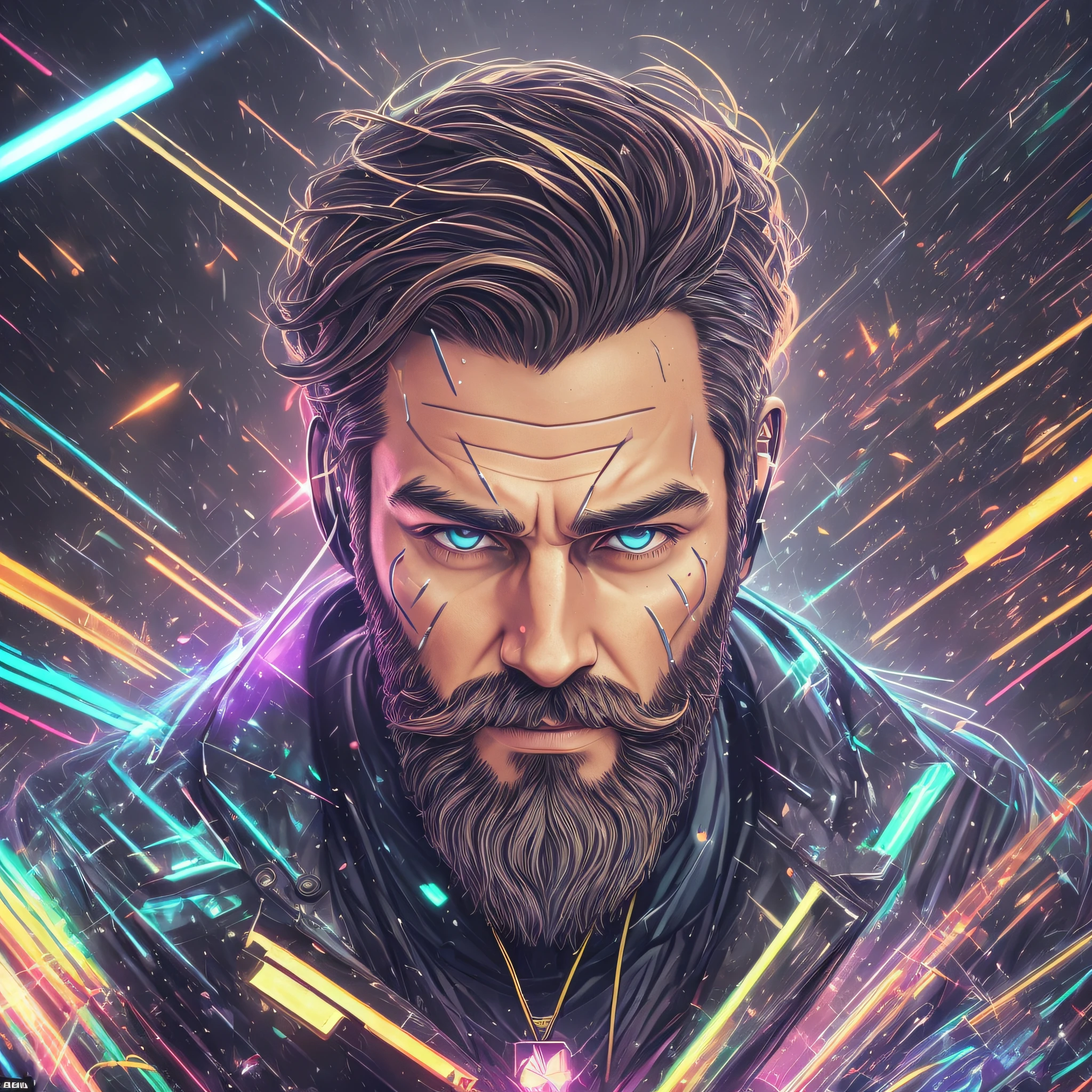 An award-winning photo of a masterpiece of a cyborg man, bearded, with psychedelic colors standing on a city street at night in the rain, 8k, (high quality: 1.1), (cinematic feel: 1.1), deep dark shadows, incredibly intricate details, art, (up close: 1.1), from above, looking at the viewer, (light glows: 1.1), (chromatic aberration,:1.2) background with floating light artifacts,   bright colored neon background, earphone --auto --s2