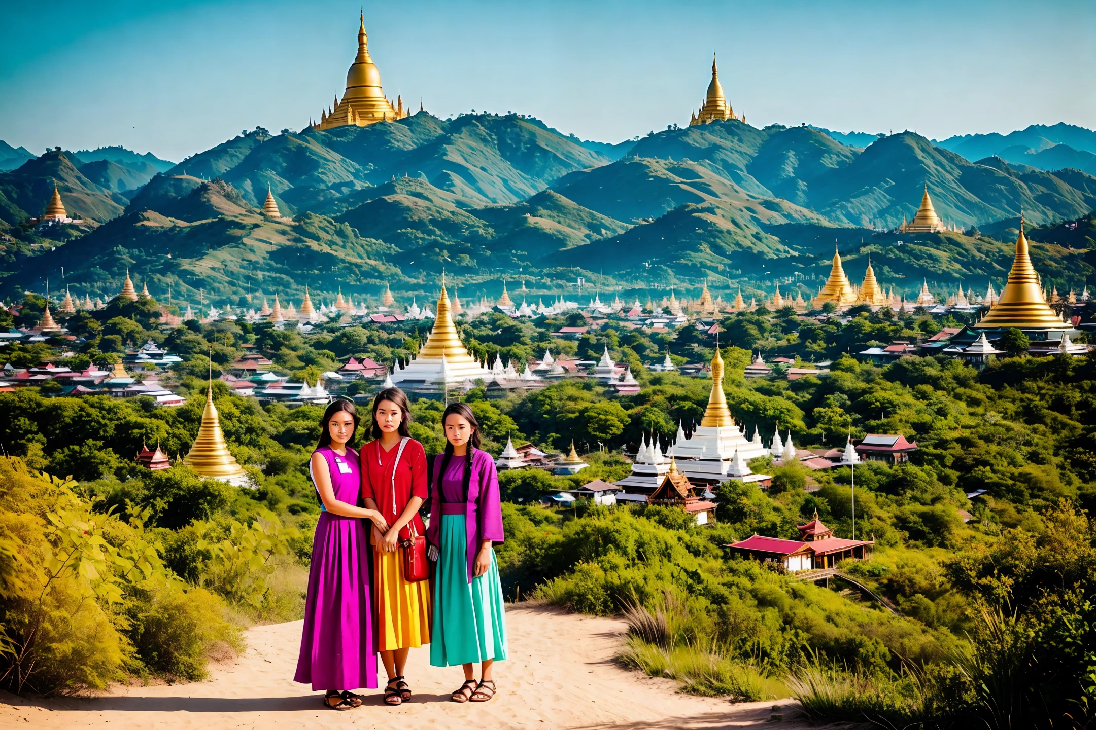 a stunning travel photography shot of two young Myanmar women in bright myanmar traditional long dresses standing gracefully with a picturesque view of Shwedagon Pagoda in the background, surrounded by authentic myanmar style very long golden spires and pagodas on hills, in a highly detailed, realistic and hyper-detailed photo style – like something from the trending travel Instagram accounts – Nhi Dang, Jack Morris, Chris Burkard, Alex Strohl, or Salty Luxe, vibrant yet subdued pastel palette, captured with a high-spec camera and commercial grade lens, excellent composition, artfully edited, highly inspirational –ar 3:2 –upbeta