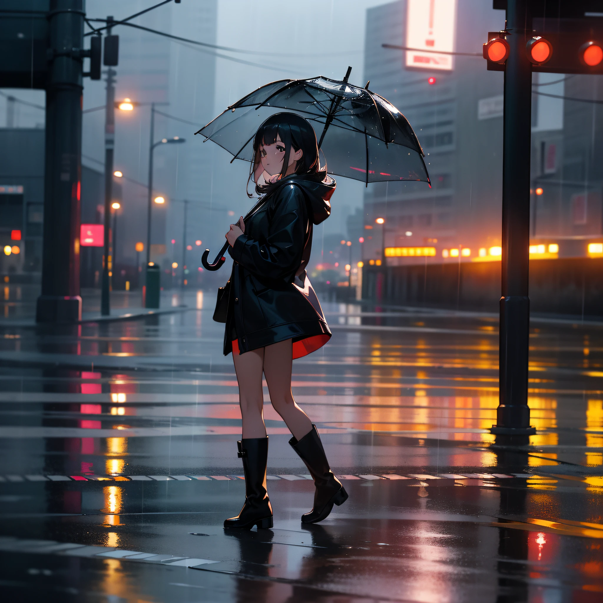 best quality, masterpiece, ultra high res,(photo realistic:1.4), full body,
"A girl is walking with an umbrella on a rainy day.",
"It was raining heavily and the roads were full of puddles.",
"The girl is wearing her boots and she is happily walking over the puddles."
BREAK,
1girl, solo, rain, rainy, midnight, city lights, reflection, depth of field, sidewalk