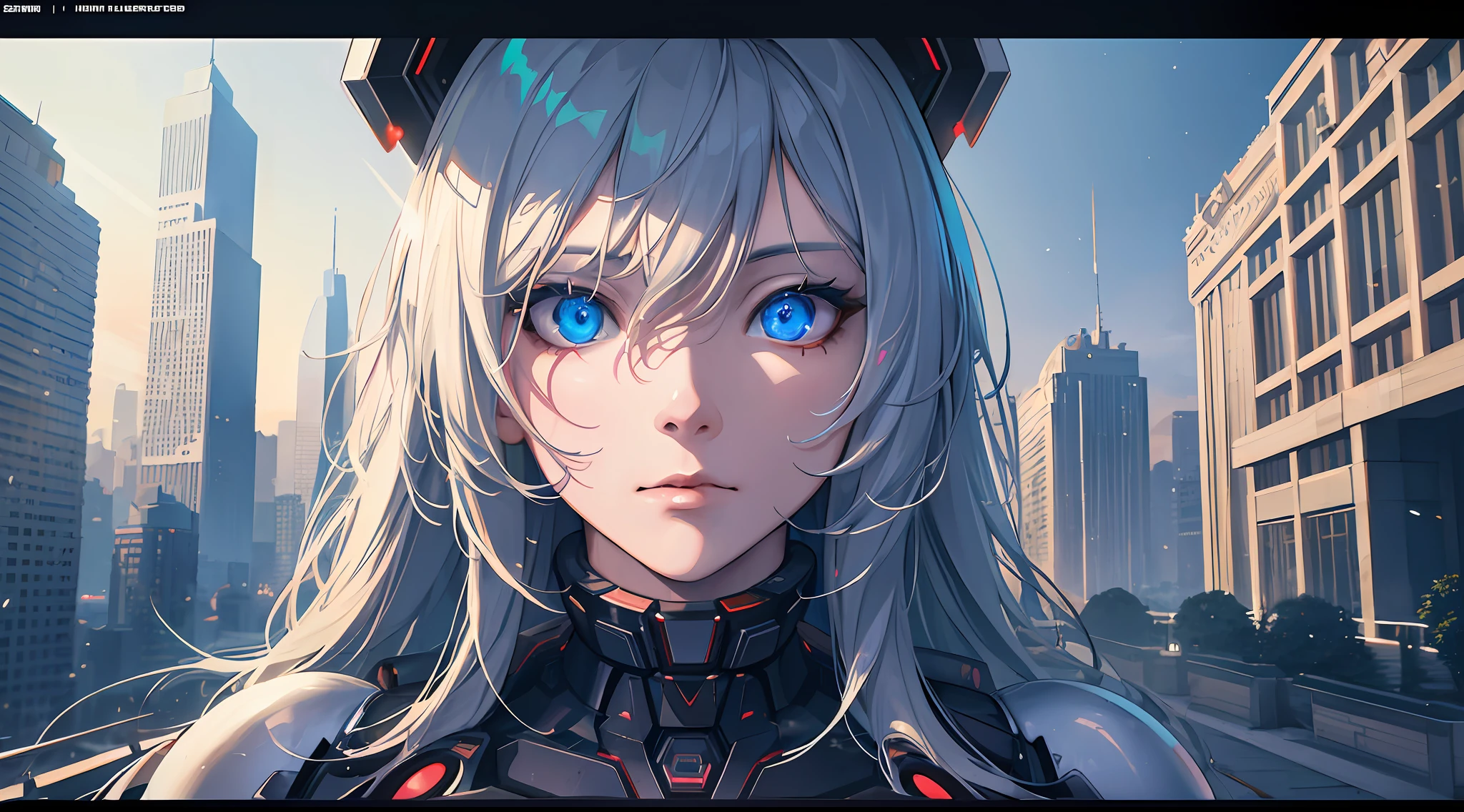 (Full shot: 1.4) Photo of a robot woman on the moon, masterpiece, (realism: 1.4), best quality, beautifully lit, woven hairstyle, ray tracing, space background, (very detailed background, busy background: 0.8), Earth in background, clear focus, volumetric fog, 8K UHD, DSLR, high quality, film grain, photo realism, lomography, IN (huge metropolis in the dystopian of the future IA), seen from below, translucent, (HDR:1.2), Super High Resolution, Best Quality, Photo, 16k, (Realistic: 1.2), Masterpiece, Best Quality, Ultra Detailed, Very Detailed Illustration, Very Detailed, Intricate Detail, High Resolution, Super Intricate Detail, Very Detailed 8k cg Wallpaper, 50MM Lens, Caustics, Reflections, Ray Tracing, Nebula, Dark Aura, Network Effects, Multicolored Hair, Blue Eyes, Glowing Eyes, Random Expression, Random Action, Ancient Chinese Architecture, Starry Sky, Skyline, --auto --s2