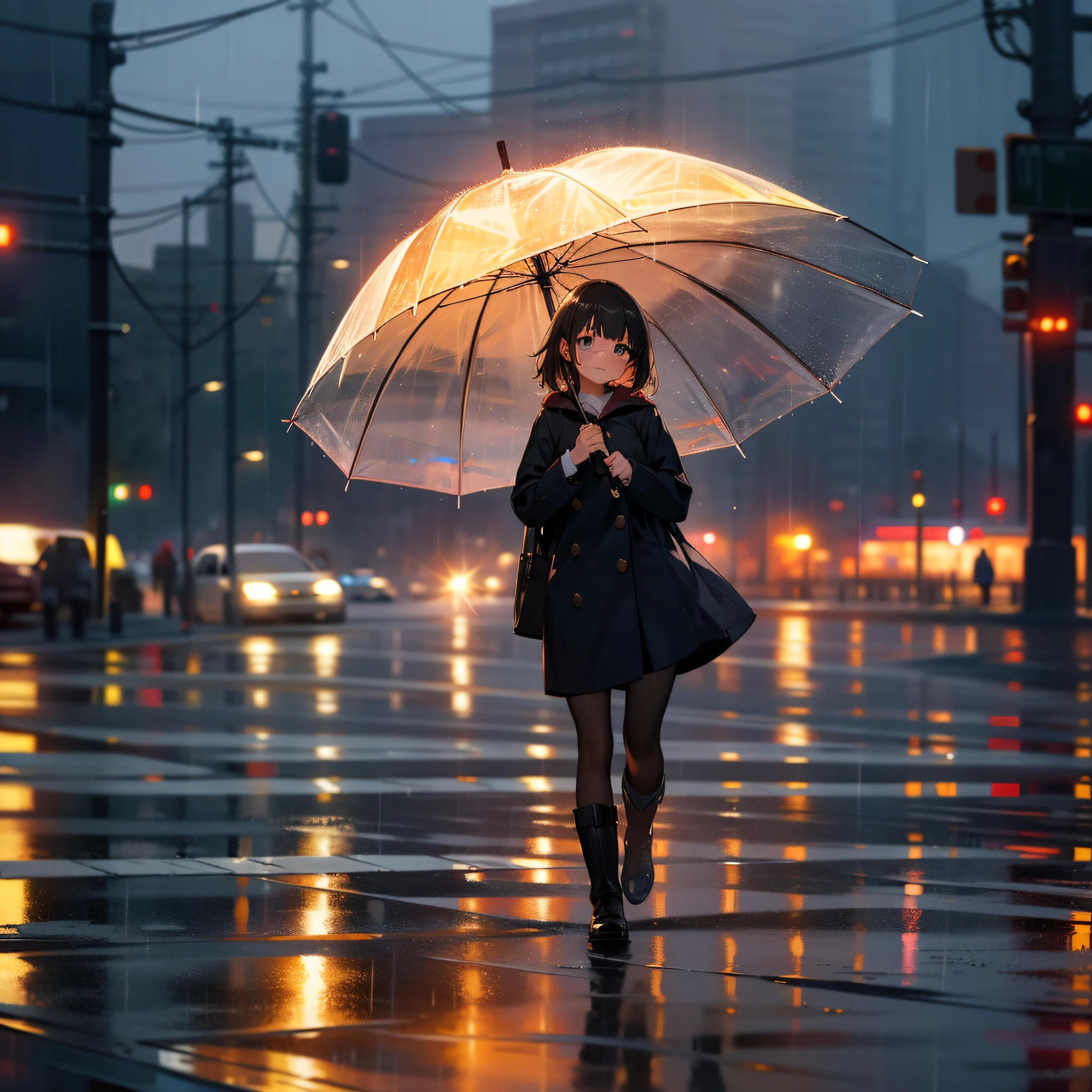 best quality, masterpiece, ultra high res,(photo realistic:1.4), full body,
"A girl is walking with an umbrella on a rainy day.",
"It was raining heavily and the roads were full of puddles.",
"The girl is wearing her boots and she is happily walking over the puddles."
BREAK,
1girl, solo, rain, rainy, midnight, city lights, reflection, depth of field, sidewalk