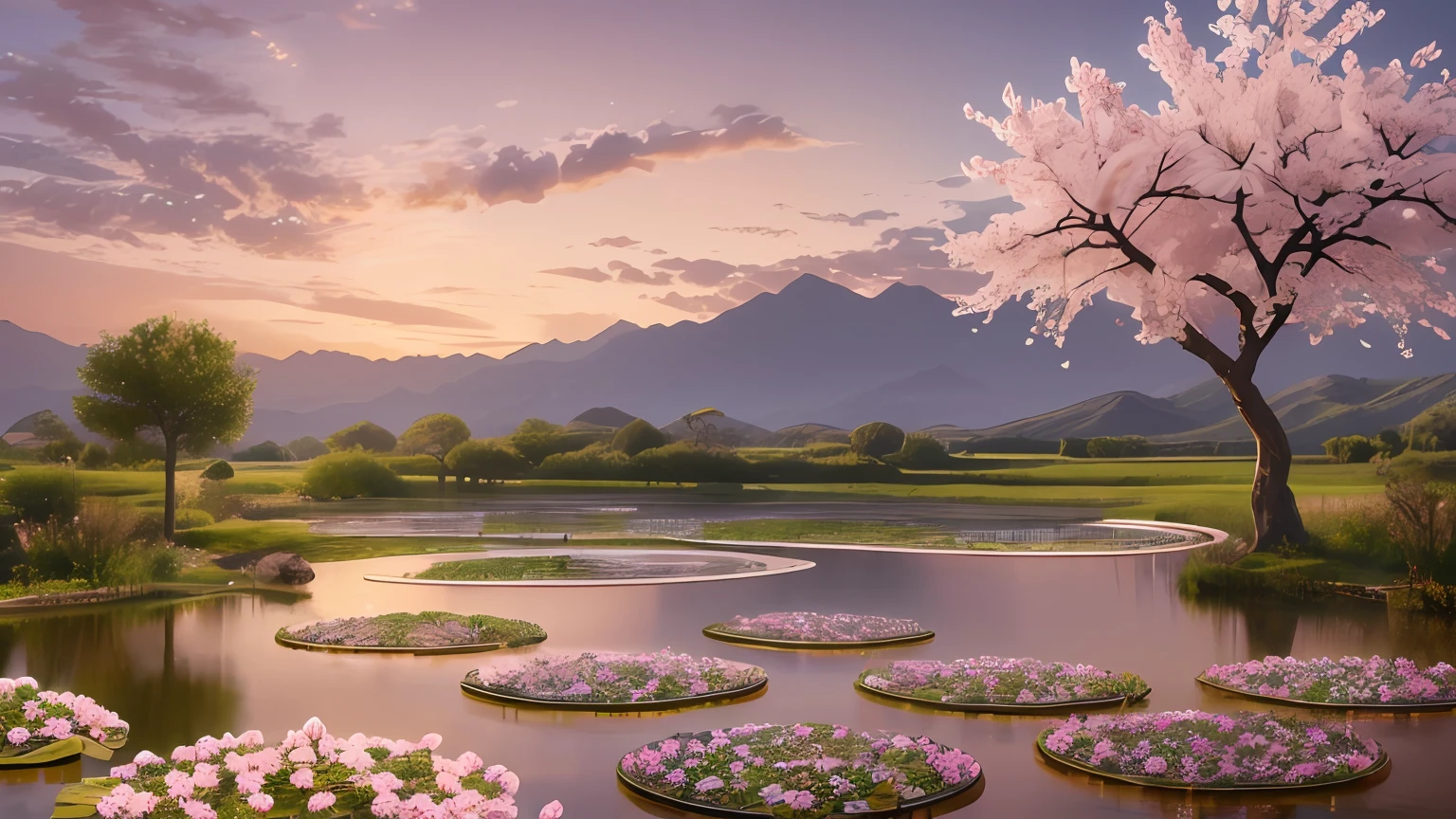 Landscape with Three Blossoming Almond Trees. In the center of the image, there is a pond with water lilies. The air is reddish, and there are golden particles floating in the air. --auto --s2
