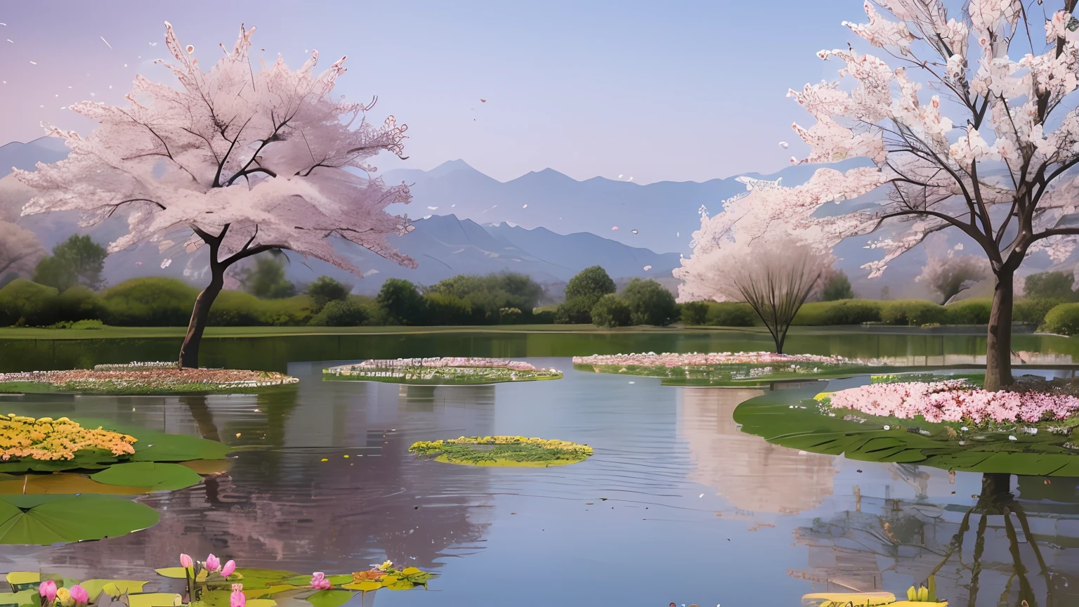 Landscape with Three Blossoming Almond Trees. In the center of the image, there is a pond with water lilies. The air is reddish, and there are golden particles floating in the air. --auto --s2