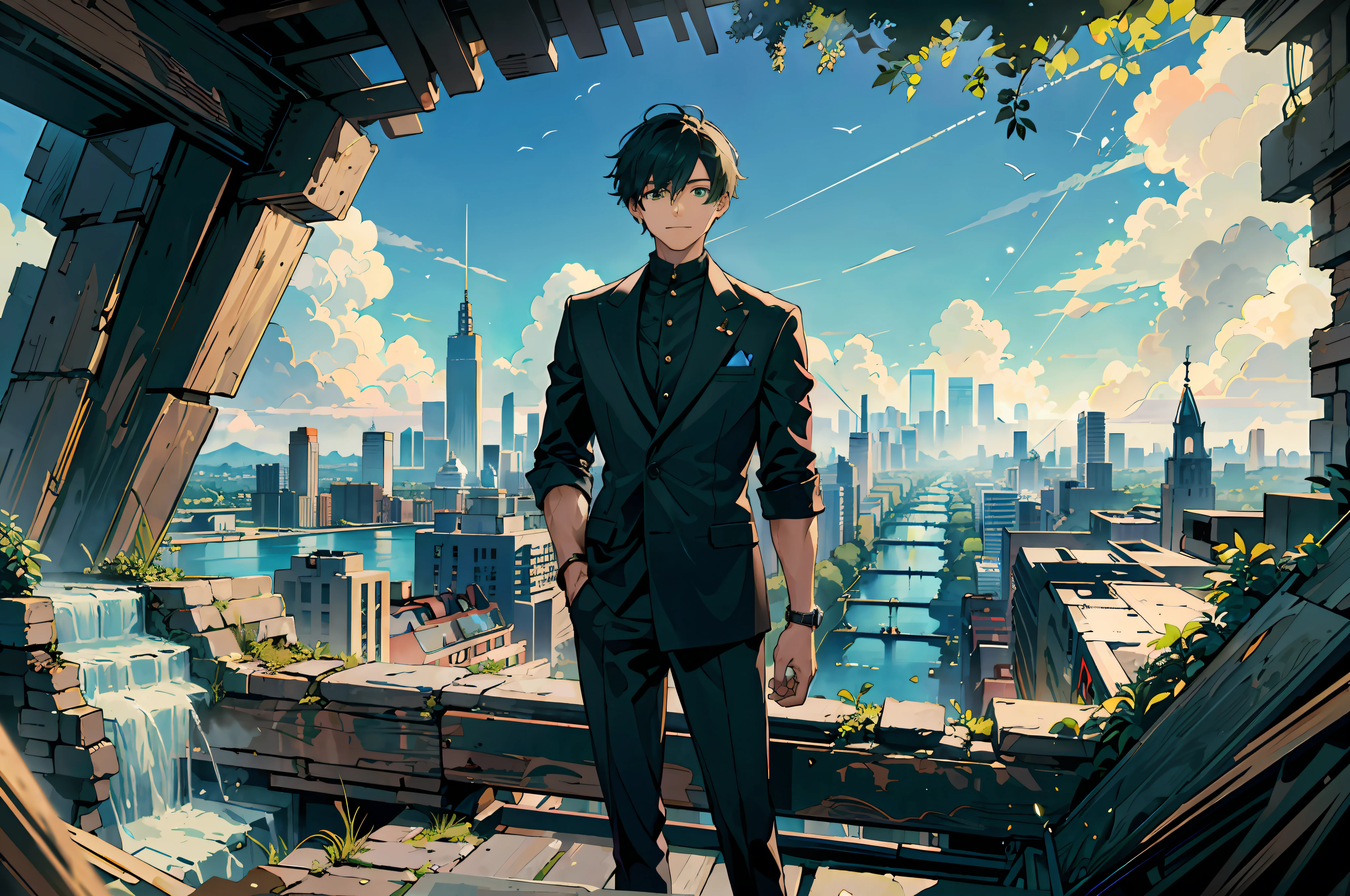 ((Masterpiece: 1.4, Best Quality)), ((Masterpiece, Best Quality)), Fisheye, One Young Man Standing, Gentle Smile, Looking at the crumbling cityscape of towering buildings and highways from the stairs, (Overlook: 1.3), River, Waterfall, Valley, (Green Big Eyes and Short Hair), Blue Sky, Beholder's Watch, Magnificent View, Lens Flare, Black Hero Suit, Cowboy Shot