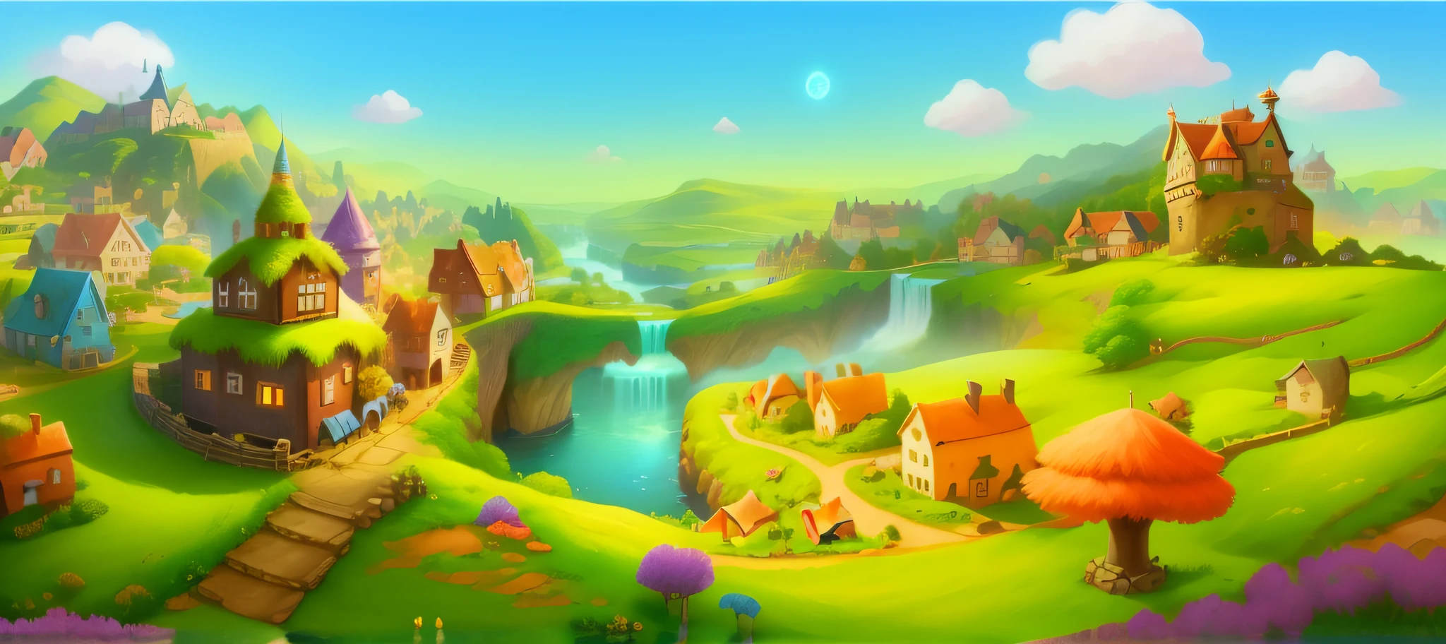 According to this picture, a similar picture will be made with a different layout than it is now. Close up of cartoon village with waterfall and houses, background artwork, whimsical fantasy landscape art, fantasy matte painting, cute, background art, kingdom of light background, fairy tale kingdom forest, mobile game background, stylized game art, fairy tale style background, fantasy background, distant village background, 3d stylized scene, magical village, 2d game art background