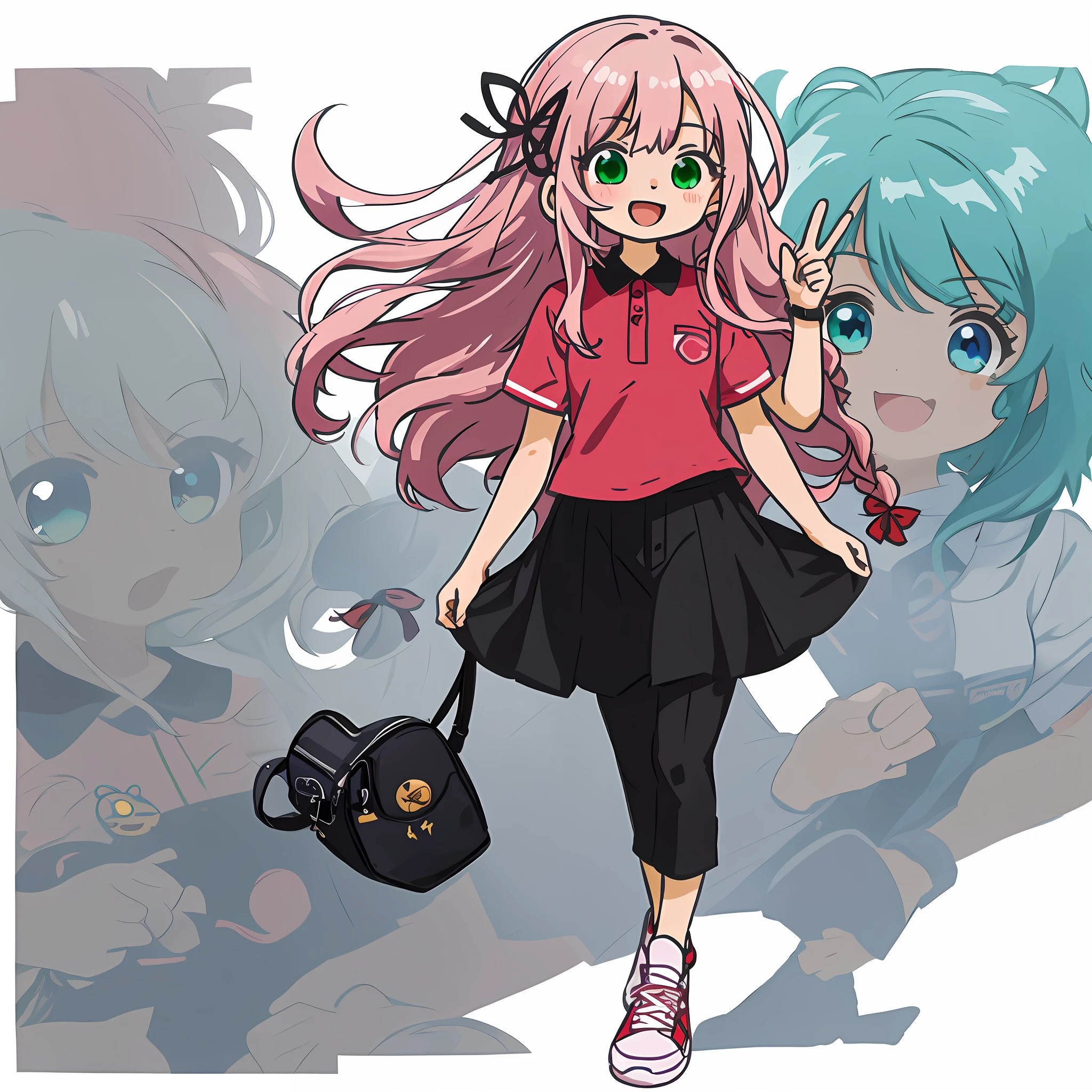 1 girl, (Heterochromia, Blue and Green Eyes: 1.8), Shining Eyes, (Illustration: 1.1), (Chibi: 1.5), (Masterpiece, Super Detail, Best Quality, 8K, Kyoto Animation Anime Illustration)), (Caregiver, 1 Cute Girl, Big, Solo, Upright, Peace, Watch Viewer, Full Body, Front, Cute Open Mouth, Happy Smile: 1.3), (: 1.2), (cute: 1.5), (red short-sleeved polo shirt and black tight long pants, long heat tech inner shirt: 1.5), (footwear: sneakers), (pale pink hair, braid, long hair, cute ribbon: 1.1), thin eyebrows,