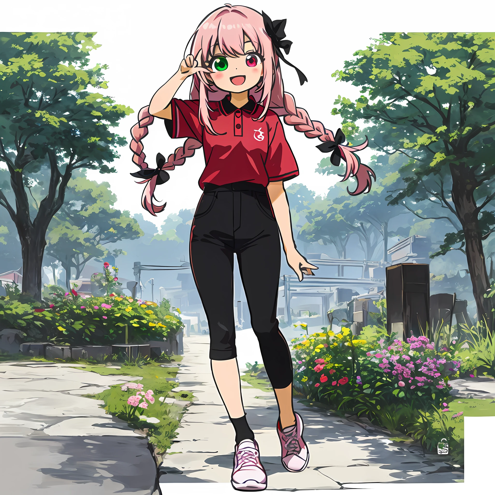 1 girl, (Heterochromia, Blue and Green Eyes: 1.8), Shining Eyes, (Illustration: 1.1), (Chibi: 1.5), (Masterpiece, Super Detail, Best Quality, 8K, Kyoto Animation Anime Illustration)), (Caregiver, 1 Cute Girl, Big, Solo, Upright, Peace, Watch Viewer, Full Body, Front, Cute Open Mouth, Happy Smile: 1.3), (: 1.2), (cute: 1.5), (red short-sleeved polo shirt and black tight long pants, long heat tech inner shirt: 1.5), (footwear: sneakers), (pale pink hair, braid, long hair, cute ribbon: 1.1), thin eyebrows,