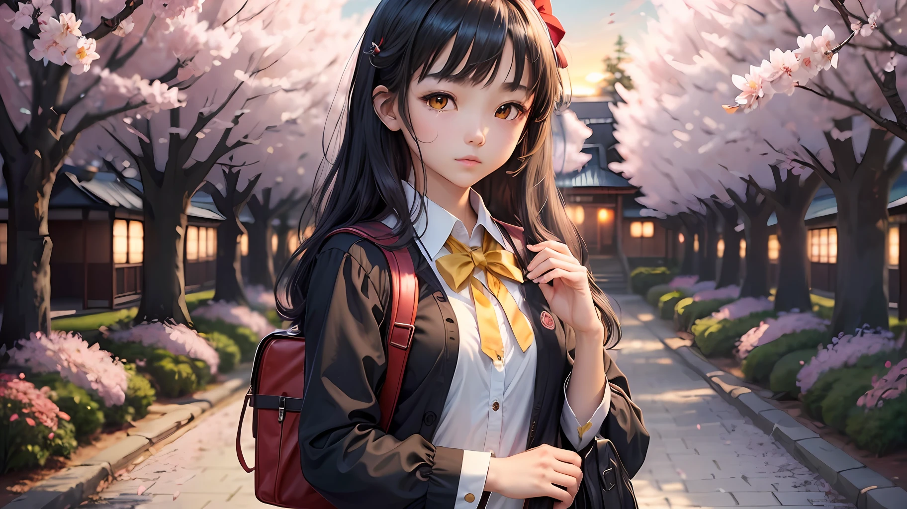 (masterpiece, best quality, digital art:1.3), a -yeld Jaese girl, adorned in a (stylish black school uniform:1.2) with a red bow, (short jet-black hair:1.1), (radiant yellow eyes:1.2), carrying a school bag on her back, glancing over her shoulder, (sunset scenery:1.2), enchanting floral grove, (blooming sakura trees:1.1), soft petals gently falling, warm hues of the setting sun, peaceful ambiance, delicate beauty, harmonious colors, serene atmosphere, captivating expression, evoking a sense of tranquility, compelling composition. --auto --s2