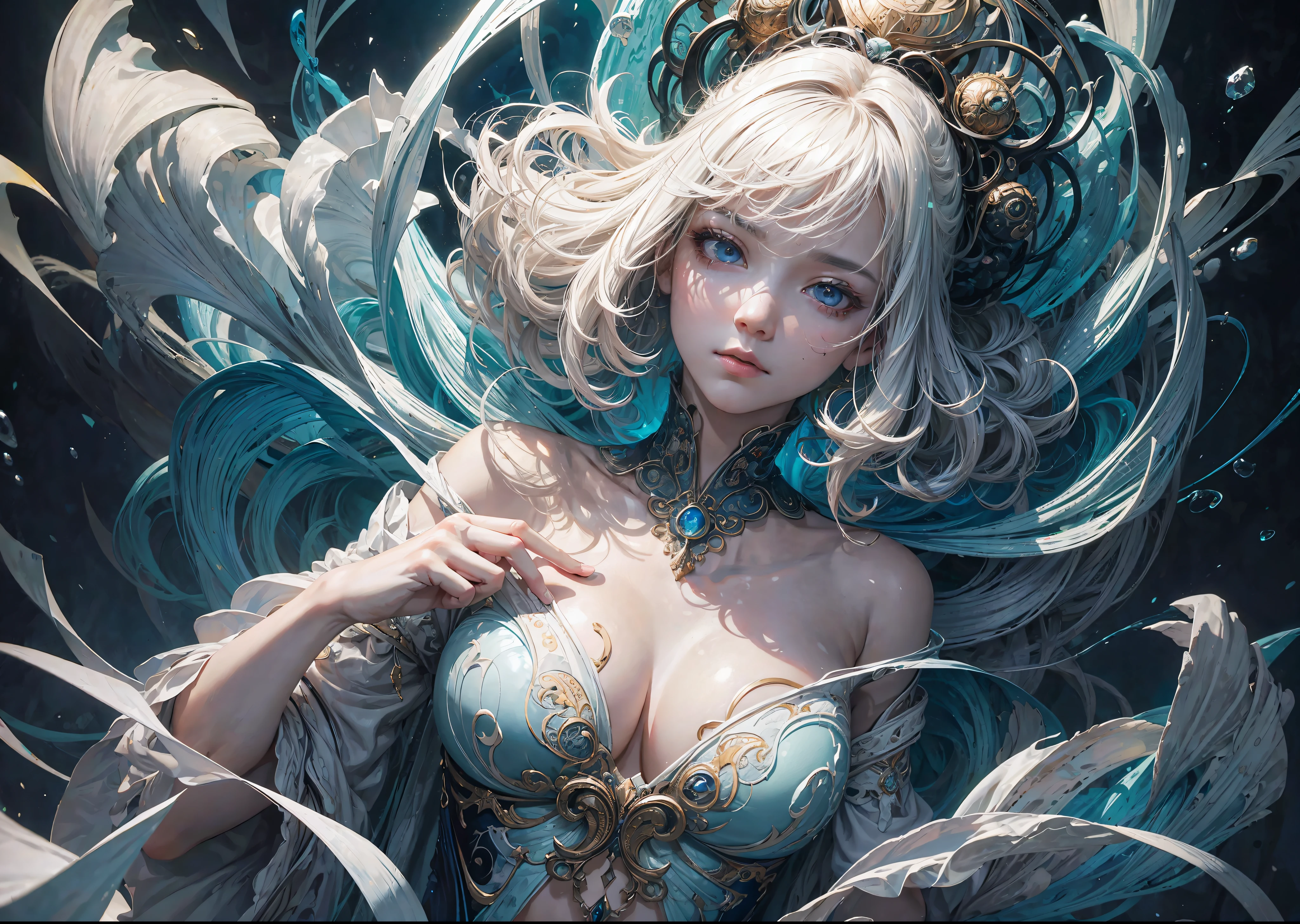 ((Best quality)), ((masterpiece)), ((highly intricate details)),beautiful, high quality, highres, absurdres, light difussion, intricate details, complex details, ((anime)), (anime:1.2) , (perfect face:1.3), extreme detailed eyes, colorful, highest detailed, vibrant colors, high contrast, (8K UHD:1.2), (photorealistic:1.2),(masterpiece:1.4), (best quality:1.4), realistic, 1girl
medium breasts, wavy hair,official art, unity 8k wallpaper, ultra detailed, beautiful and aesthetic, masterpiece, best quality, (zentangle, mandala, tangle, entangle), (fractal art:1.3) , 1girl, extremely detailed, dynamic angle, cowboyshot, the most beautiful form of chaos, elegant, a brutalist designed, vivid colours, romanticism, by james jean, roby dwi antono, ross tran, francis bacon, michal mraz, adrian ghenie, petra cortright, gerhard richter, takato yamamoto, ashley wood, atmospheric, ecstasy of musical notes, streaming musical notes visible, white short hair, close up, perfect fingers, perfect hands, 1 girl,upper body