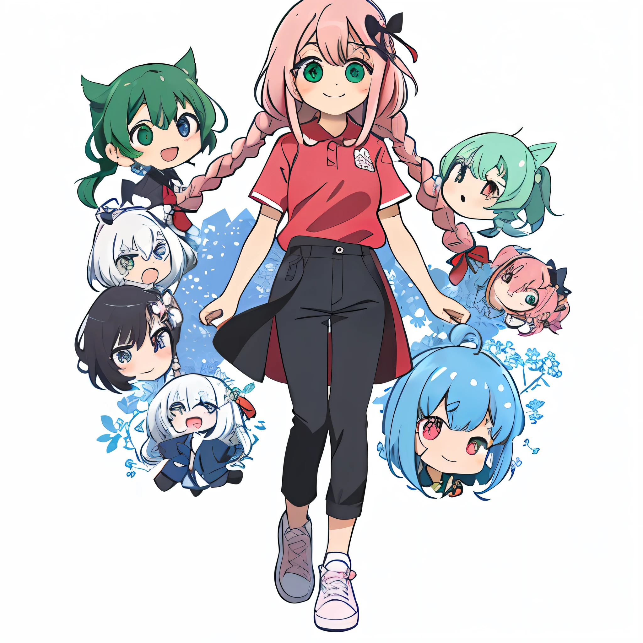 1 girl, (heterochromia, blue and green eyes: 1.8), shining eyes, (illustration: 1.1), (chibi: 0.5), (Masterpiece, Super Detail, Best Quality, 8K, Kyoto Animation Animation Illustration)), (Caregiver, 1 cute girl, Big, Solo, Upright, Peace, Watch Viewer, Full body, front, cute mouth open, happy smile: 1.3), (Loli: 1.2), (cute: 1.5), (red short-sleeved polo shirt and black tight long pants, long heat tech inner shirt: 1.5), (footwear: sneakers), (pale pink hair, braid, long hair, cute ribbon: 1.1), thin eyebrows,