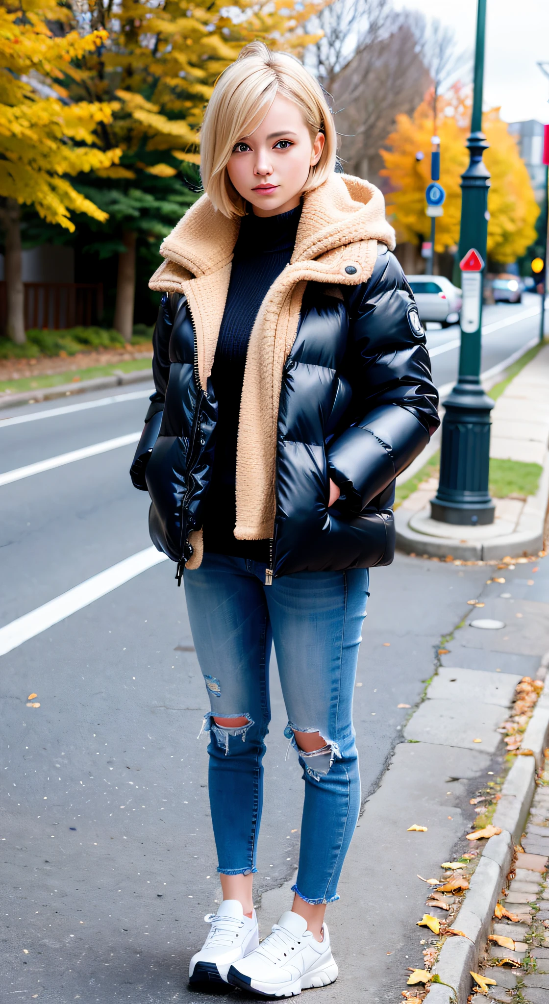 european girl, best quality, ultra high res, (photorealistic:1.4), autumn, street, sneakers, down jacket, panties, perfect body, small breasts,, (blond short hair:1), ((puffy eyes)), happy, full body