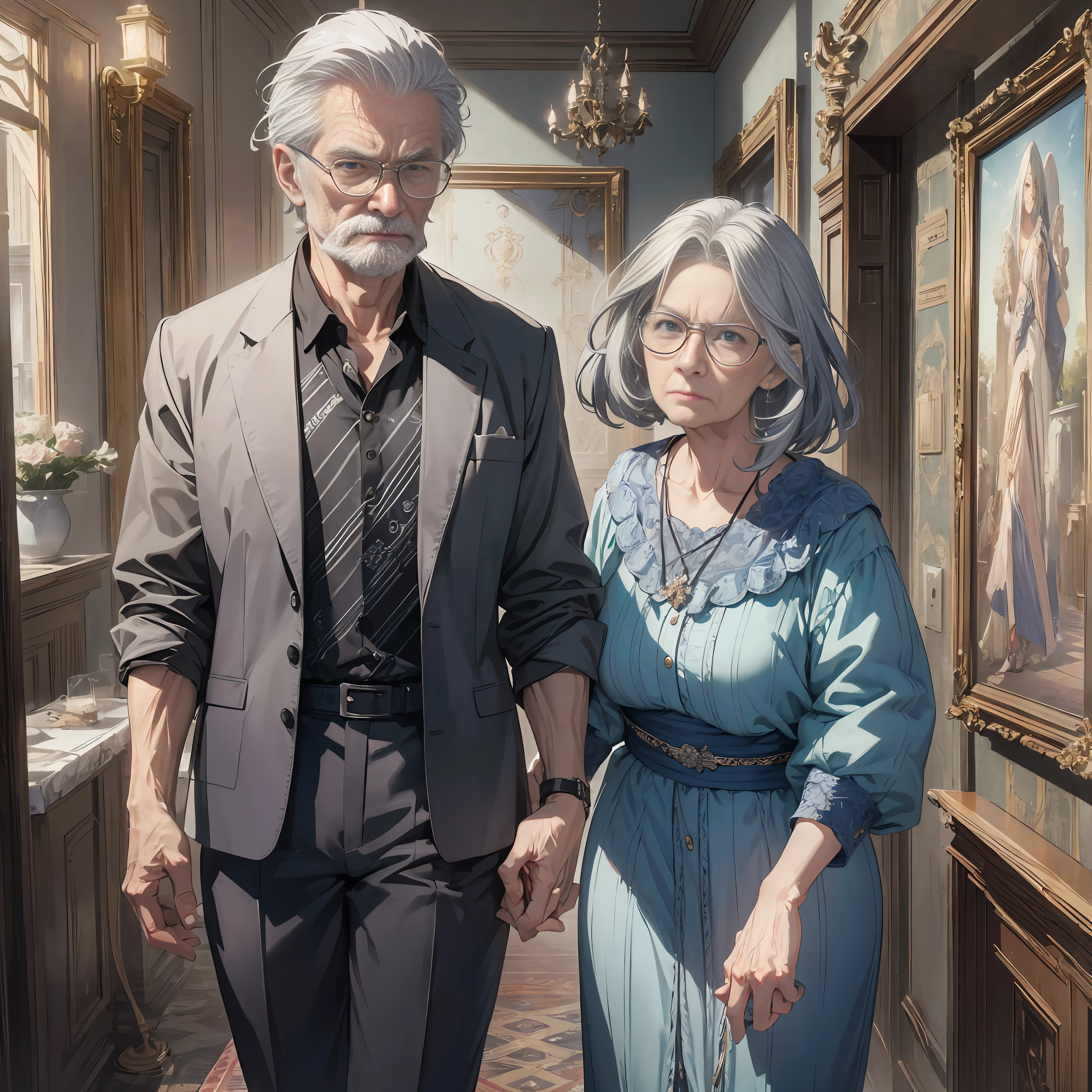 An elderly couple with gray hair standing in the villa (expression angry 1.5) (best quality: 1.1) (vision 1.5) (masterpiece: 1.3) with an unbeatable masterpiece, surreal 8K, perfect artwork, super detail, best quality, masterpiece 4K wallpaper aesthetics, masterpiece, award-winning artwork, official art, cinematic lighting