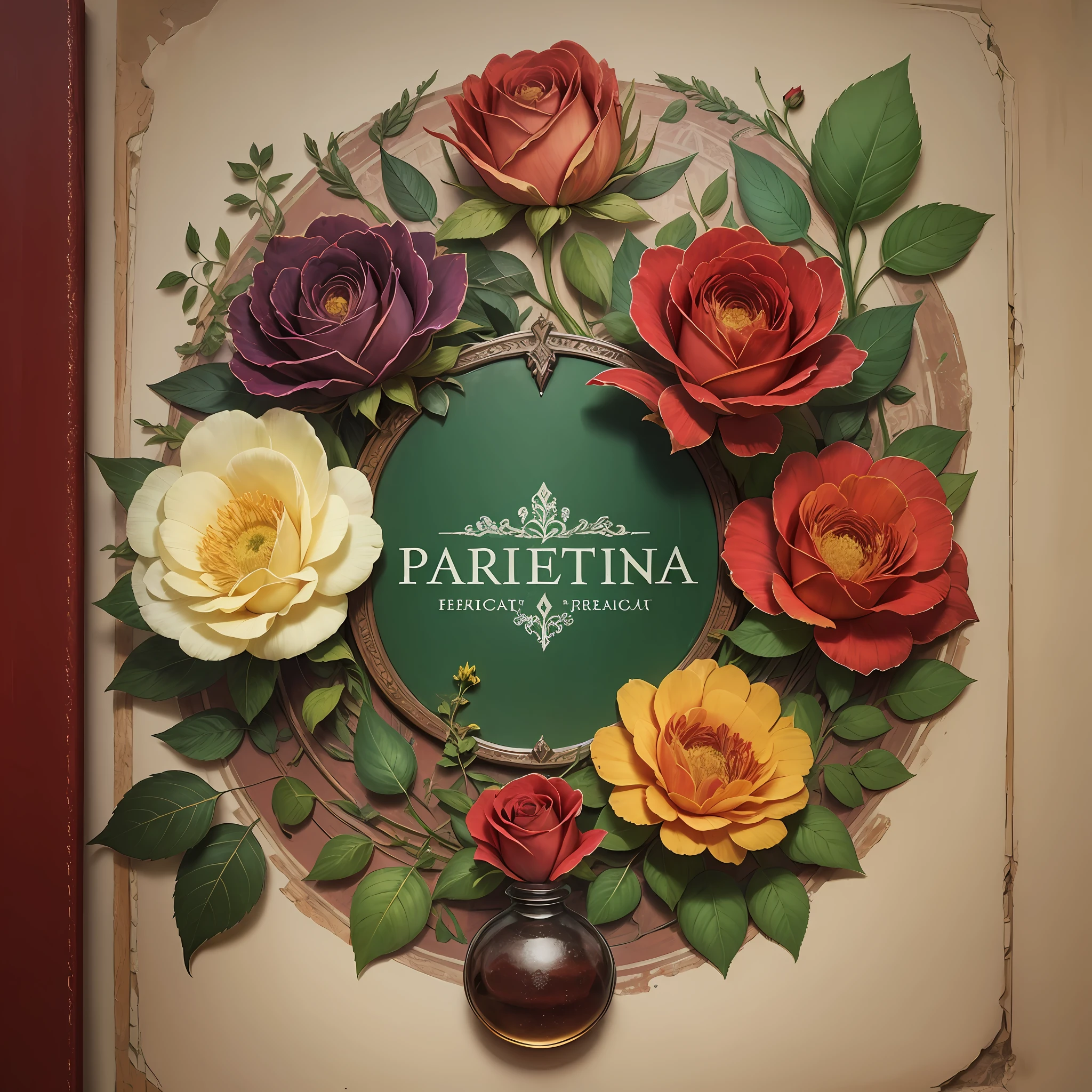the front cover of an ancient medieval Italian herbal, pale green and red and yellow parchment, text in red ink ink, vignette, rose illustrations, floral illustrations, decorated margins, view from above, centred, extremely high details, scruffy:1.5, rough:1.5, stained:1.5, bright natural colours:1.5 --auto --s2