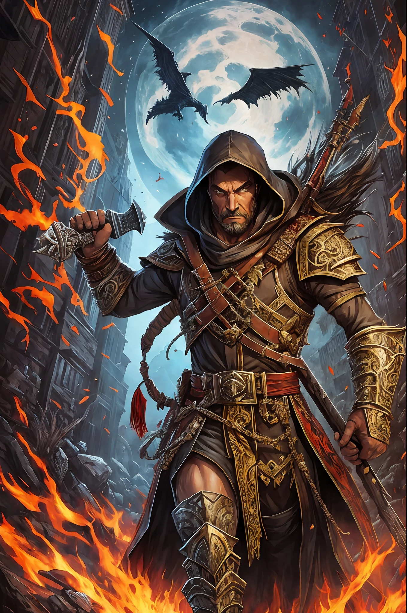 Fantasy hunter of evil spirits, destroyer of wickedness, brutal, all hung with weapons, hunting the undead, in the style of Dan Mumford Artwork, Art of computer games, Psytrance, Hydro74 style