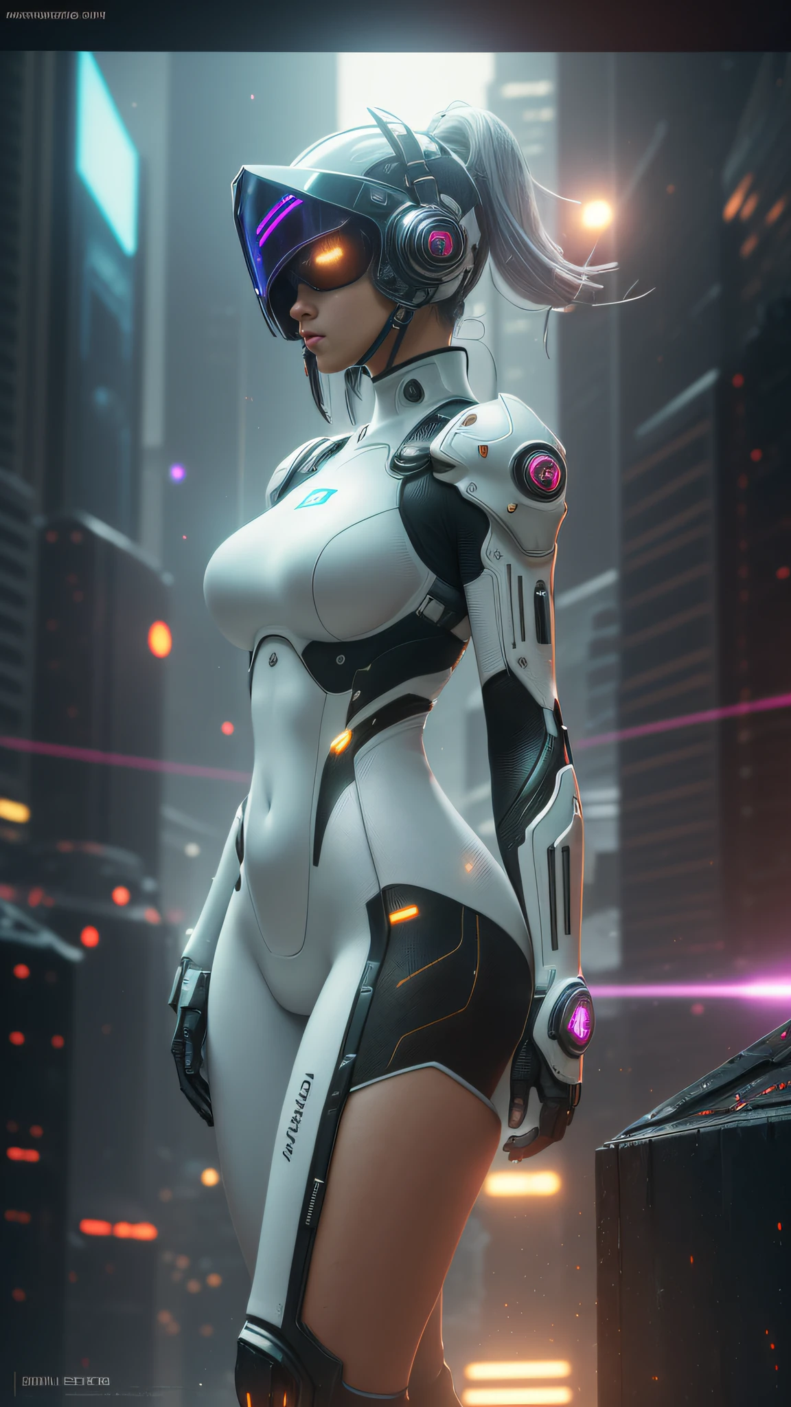 ((best quality)), ((masterpiece)), ((realistic)), (detailed), (photorealistic:1.5), a futuristic girl, (thick body), (white bodysuit), lights on armor, cybernetic headwear, looking at viewer, dynamic pose, post apocalyptic, destroyed city background, buildings on fire, science fiction, hdr, ray tracing, nvidia rtx, super-resolution, unreal 5, subsurface scattering, pbr texturing, post-processing, anisotropic filtering, depth of field, maximum clarity and sharpness, rule of thirds, 8k raw, (luminescent particles:1.4), (extremely detailed cg, unity 8k wallpaper, 3d, cinematic lighting, lens flare), reflections, sharp focus, cyberpunk art, cyberpunk architecture, --auto --s2
