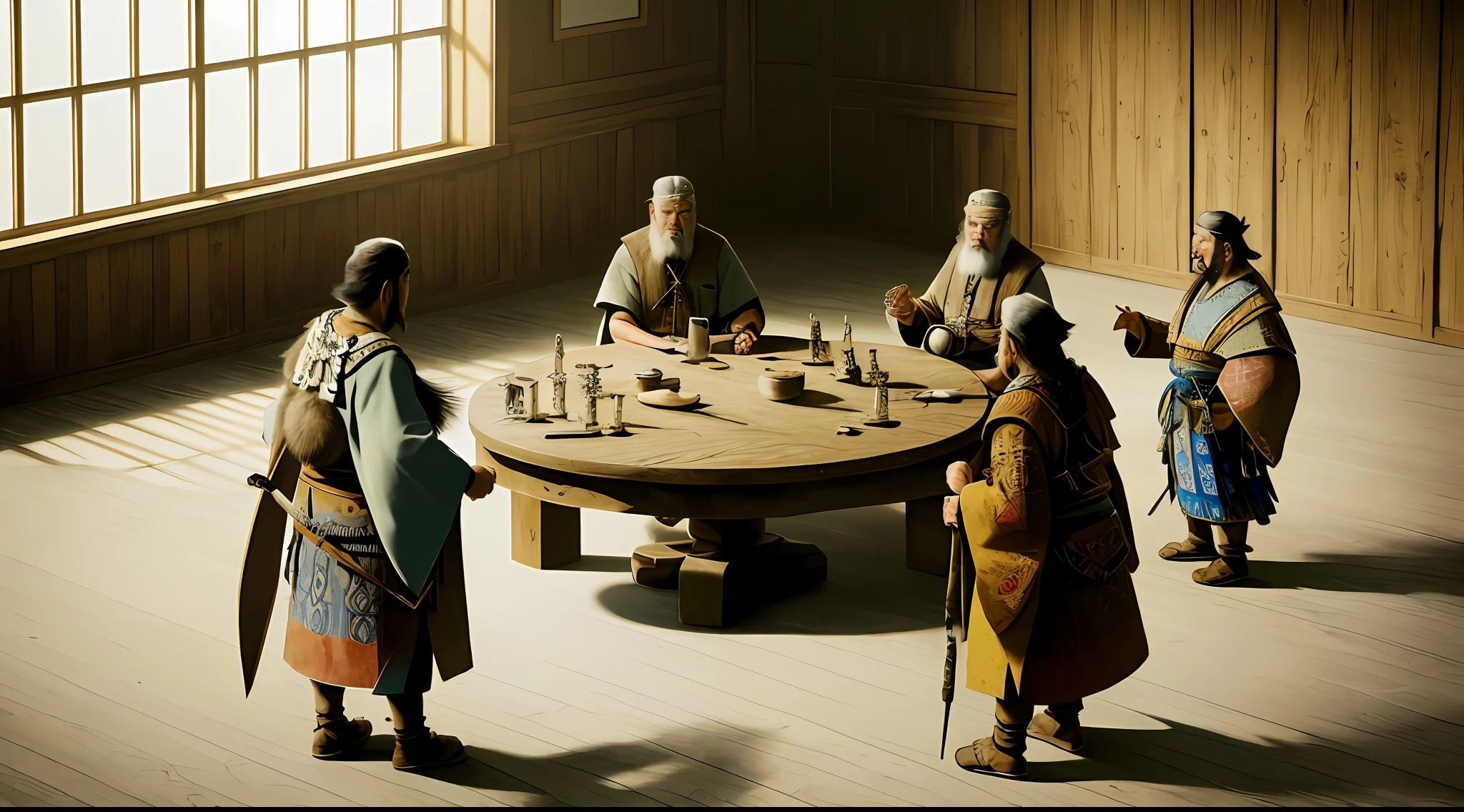 masterpiece, Highly detailed, super realistic, 4k, 8k, detailed background, bright Lighting, Daylight,
(Ainu Chieftains' Meeting), (Indoor), (Round Table), (Close Up), (Heated Debate), (Exciting), (Fighting Pose),