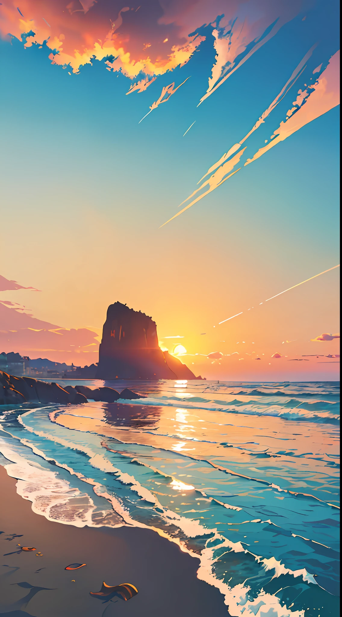 ((landscape with sunset:1.2, sea:1.1, beach:1.1)), extreme detailing, best quality, vibrant colors, dynamic positioning, light reflection, wide perspective, summer weather, mountainous background)