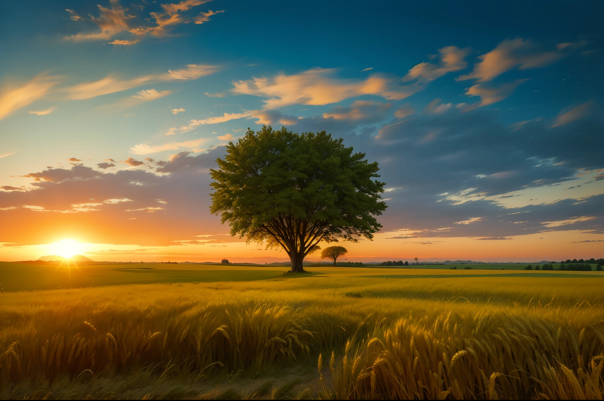 a lone tree in a field of wheat at sunset, during golden hour, lonely tree, in field high resolution, landscape photo, golden hour photo, shining golden hour, at golden hour, dramatic warm morning light, morning golden hour, golden hour lighing, golden hour time, single tree, detailed fields nature, shot at golden hour, serene field setting