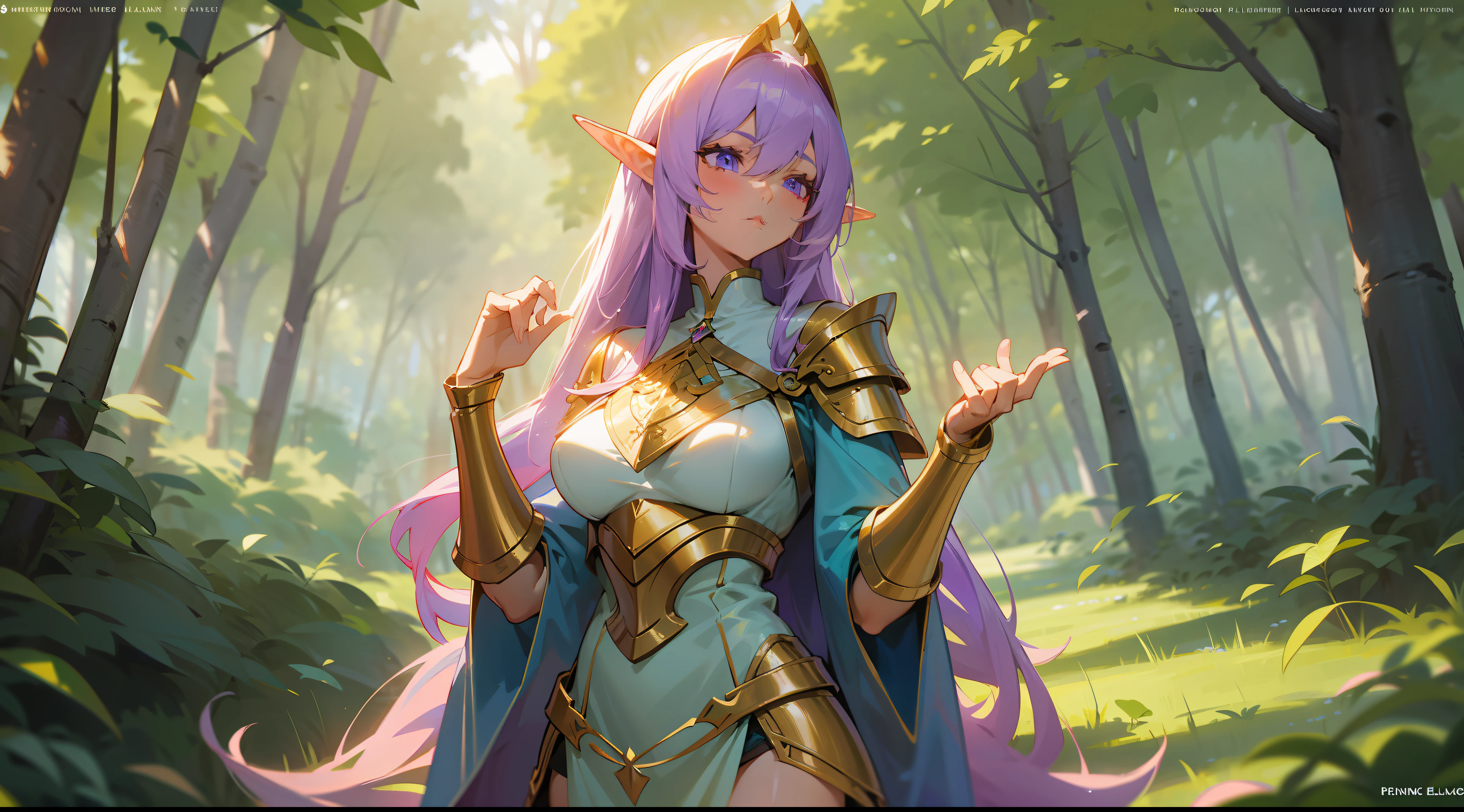 an elven warrior, long lilac hair, bangs, large breasts, hair between eyes, heroic posture, lilac eyes, full body, golden elven armor, confident, fantasy, medieval, in a forest, rays of sun