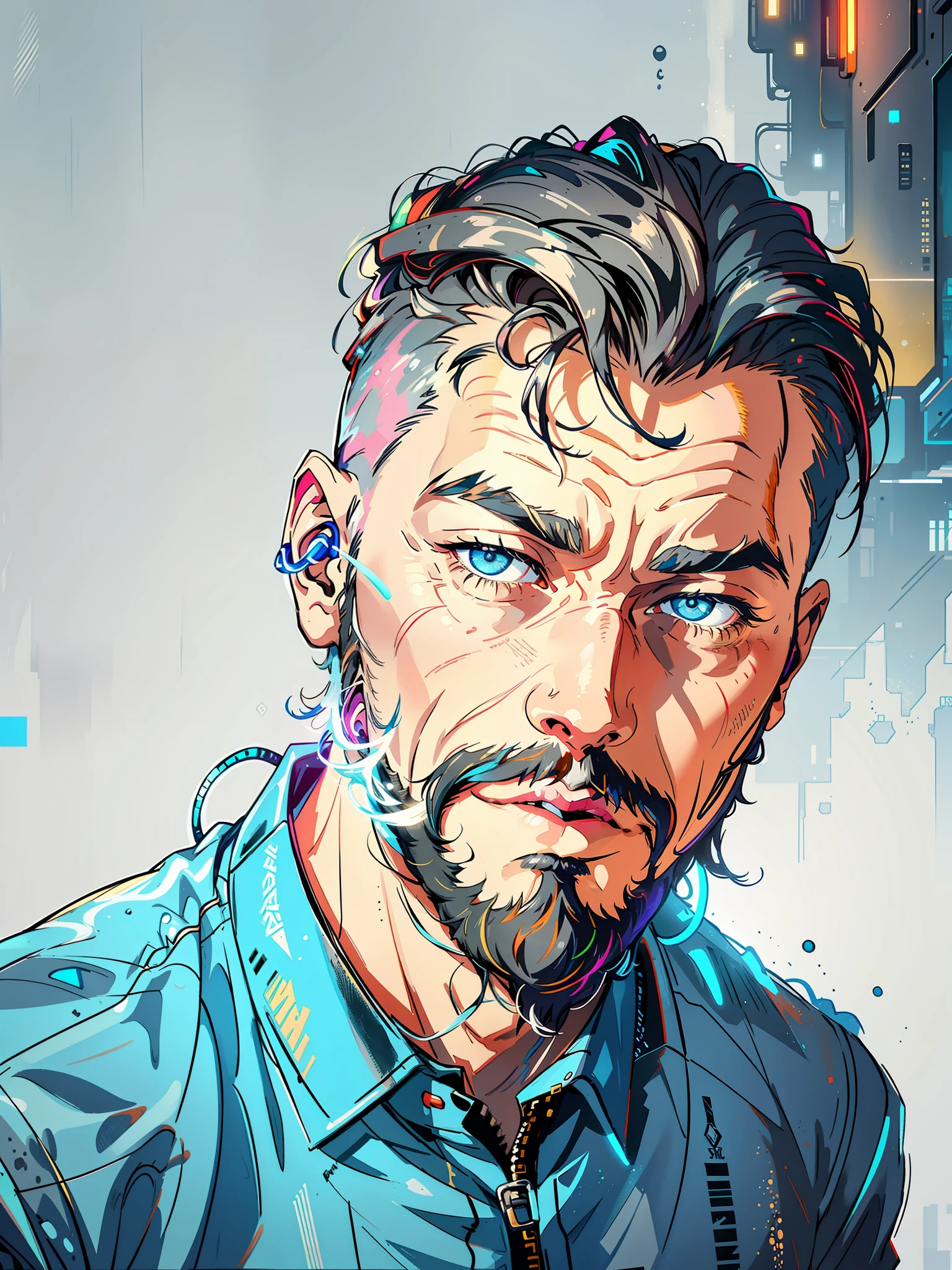 HD, (Best Detail) (Best Quality) There is a man with a beard and a blue shirt, colorful, cyberpunk,
