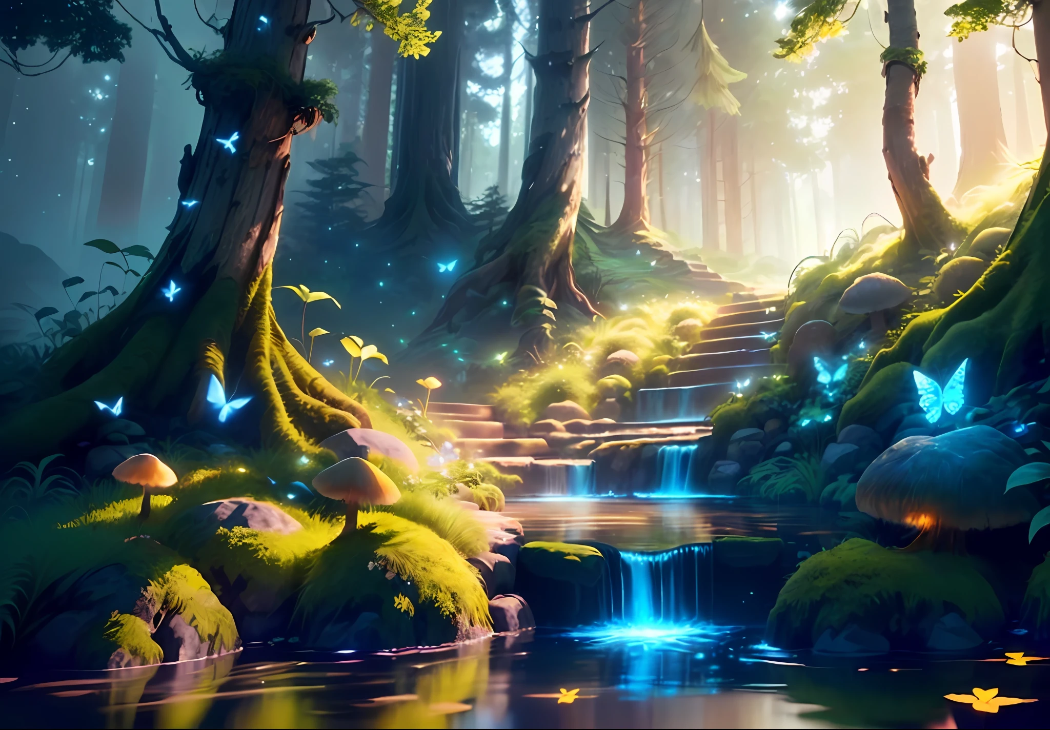 Masterpiece, best quality, (highly detailed CG unity 8k wallpaper), (better quality), (better illustrations), (better shadows), forest theme with natural elements. Tall trees, quiet streams, glowing small mushrooms surrounded by delicate leaves and branches, with fireflies and glowing particle effects, (natural elements), (jungle theme), (leaves), (branches), (fireflies), butterflies, ( delicate leaves ), (glow), (particle effects). , isometric 3D, octane rendering, ray tracing, hyper detail
