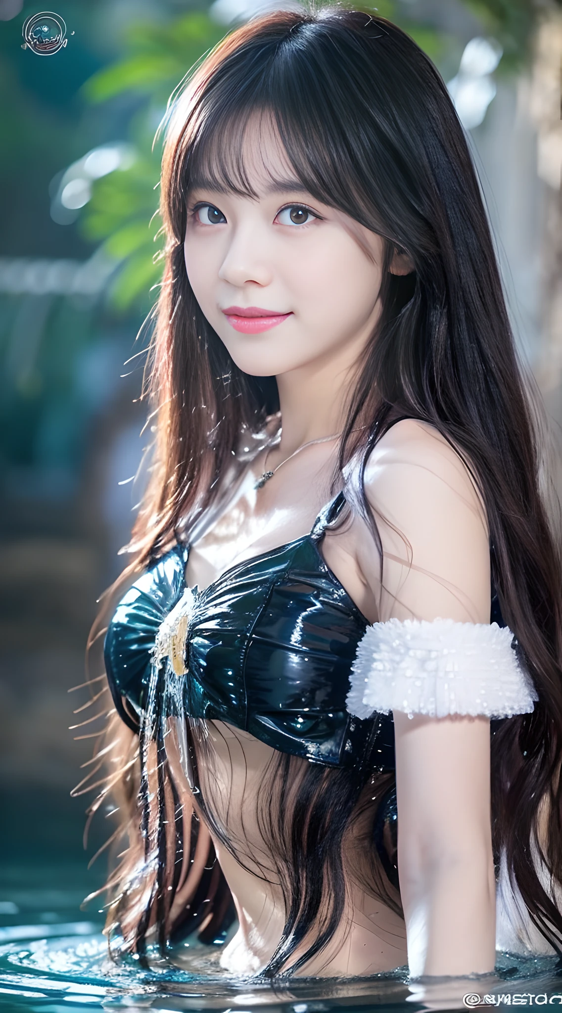 Keywords: watery big eyes, love pupils, [shy], long hair, master works, best picture quality, super high resolution, higher quality, beautiful girl, female, heart hair ornament, 8k resolution, hot girl, student, beautiful pupil, blush, thin shoulder strap, dusk, oasis ((character by the waterhole)), magic ring, volumetric light, cinematic light, natural light. waterfall background,
Snow Moon Law Moon Girl Light Shoulders, Solo, Crystal Clear Water Splash Perfect Reflection, Eyebrow Pattern, Beautiful Black Eyes, Floating Water Splash, Black Water Droplet, Beautiful Glow, Best Quality, Illustration, Masterpiece, Best Production, Best Quality, Highly Detailed, Extremely Detailed CG, Lighting, Cute, Tyndall Effect, Burning Splash Wrapped, Light Shoulders, Depth of Field, Black Water, Super Moe, Shining, Beautiful
The, delicate facial features, cute, black water particle special effects, dreamy, floating
Black glowing particles, burning hair, necklace
((Masterpiece)), ((Highest Quality)), exquisite CG, blue-purple tone, sweet
Beautiful beautiful girl with a cute smile