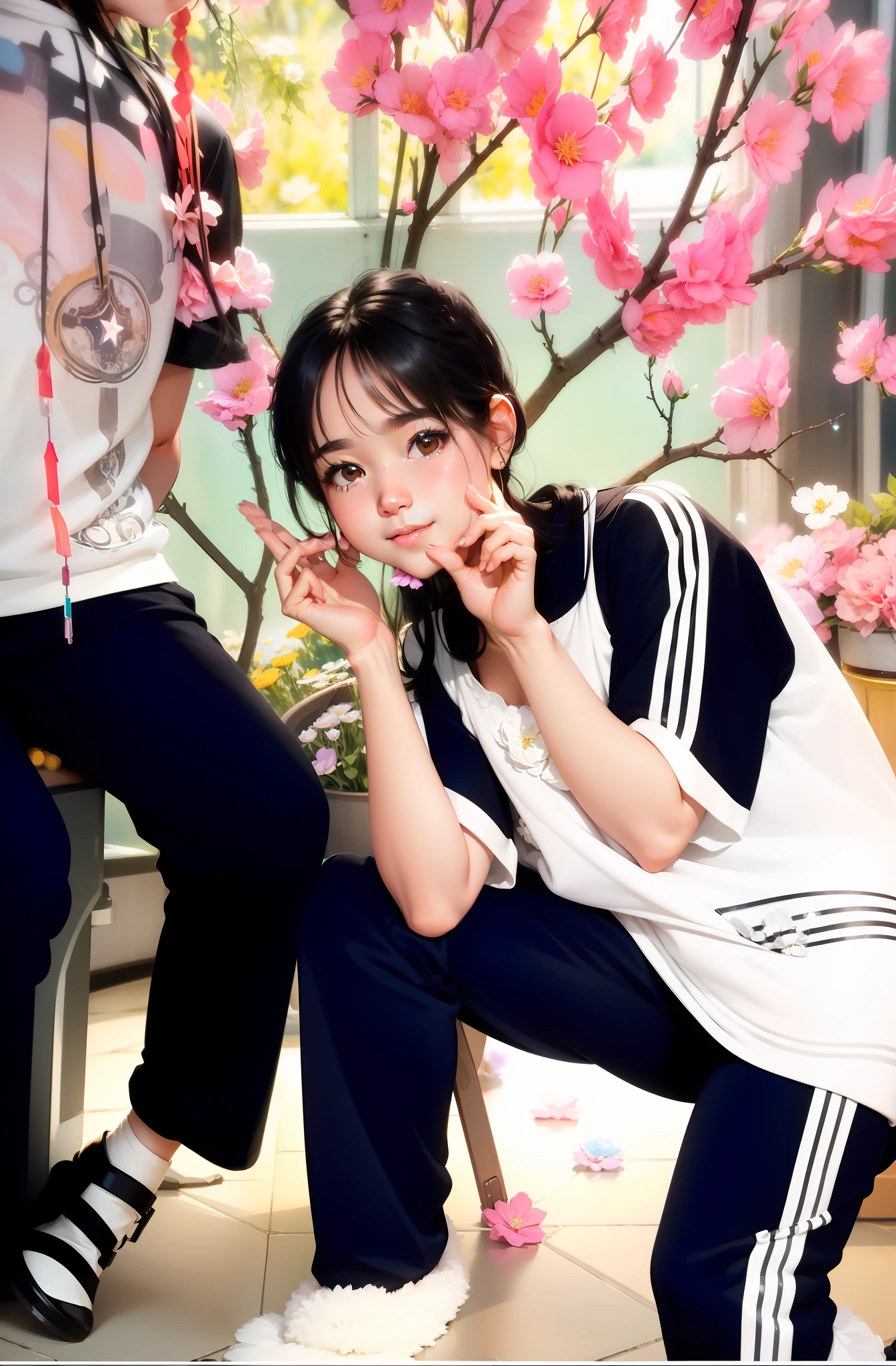 (ultra-detailed CG, masterpiece quality, high resolution), adorable girl, (black hair: 1.2, long hair, cute outfit), (sparkling eyes, shy expression), dynamic pose, glowing stars background, (cute animals+flowers: 1.3), soft pastel colors, (bokeh+ shallow depth of field)