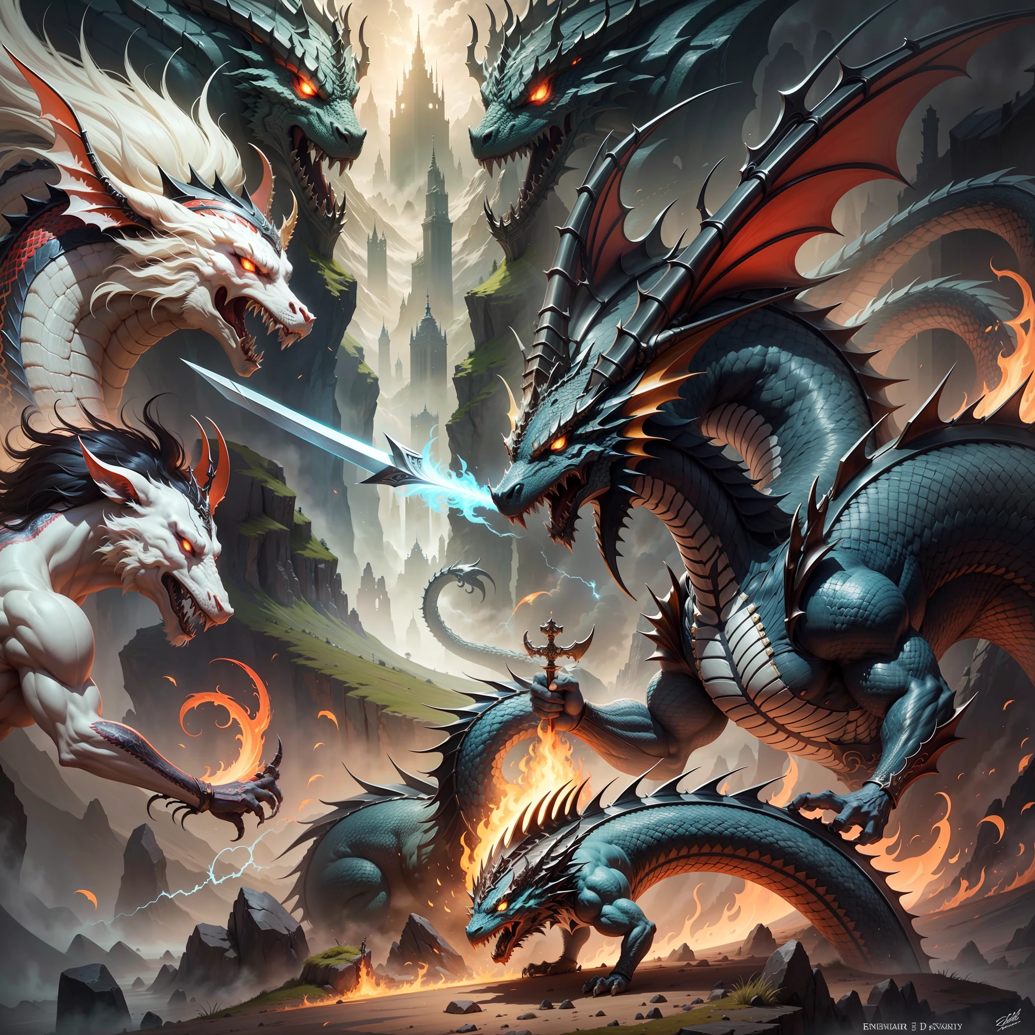 Logo (signature new era legend), realistic fantasy, detailed, 1:5, 4kk, swords, spears, dragon, ring, fire, alliance, team, effective, friendship, communication, adventure, island, ant, inscription new era legend --auto --s2