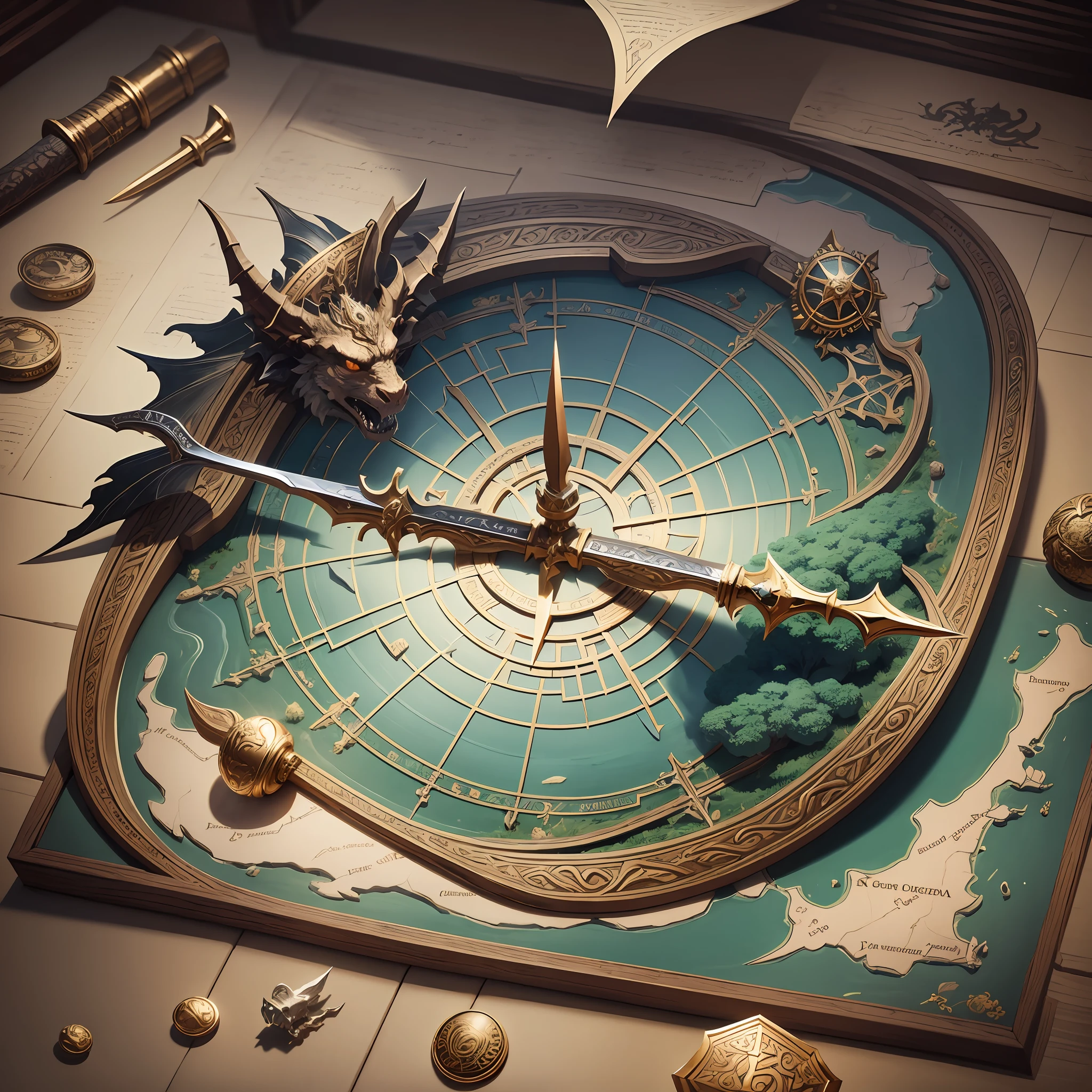 Logo (inscription new era legend),fantasy, detailed, 1:5, 4kk,treasure map, swords, spears, dragon, ring, fire, alliance, team, effective, friendship, communication, adventure, island, ant, inscription new era legend --auto --s2
