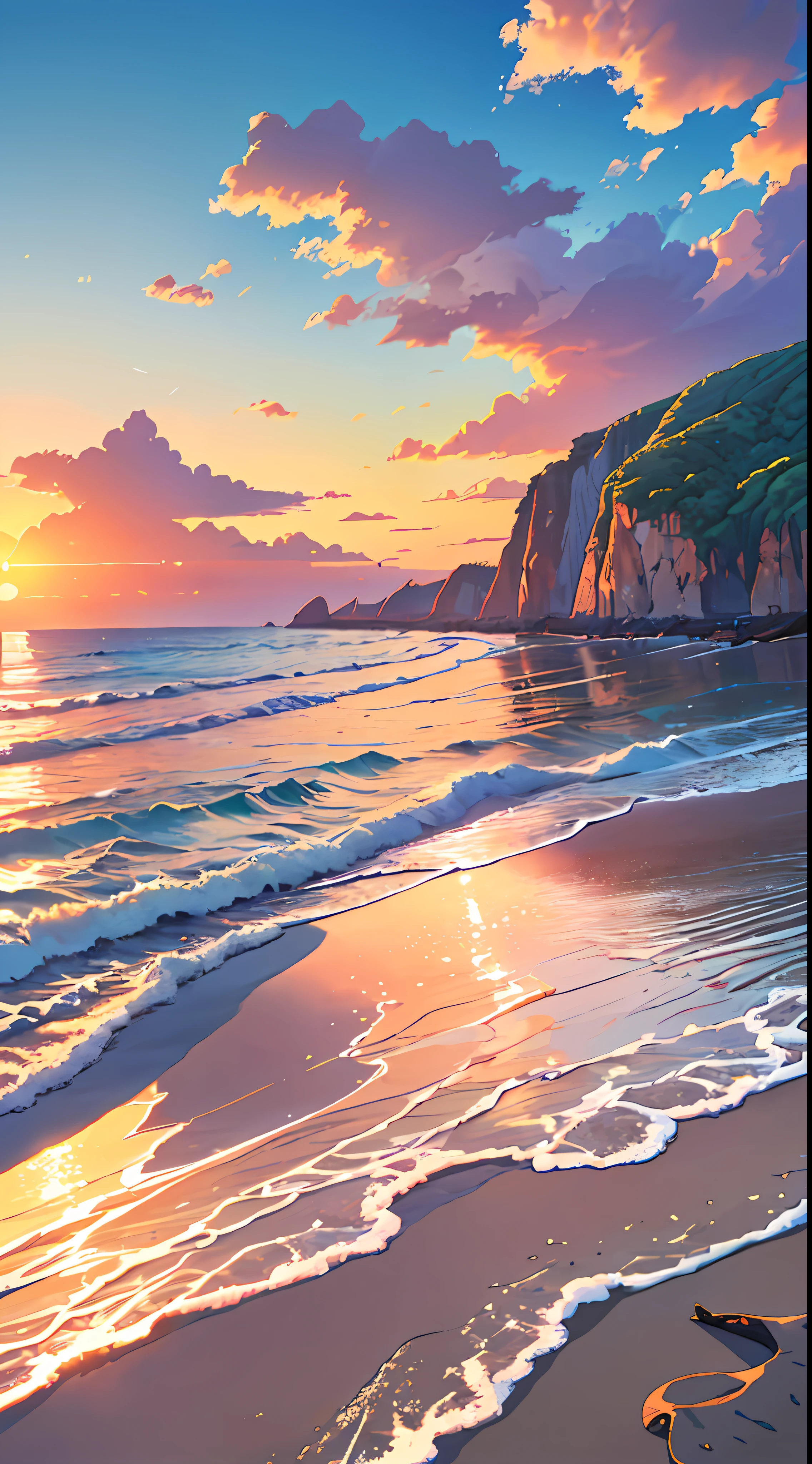 ((landscape with sunset:1.2, sea:1.1, beach:1.1)), extreme detailing, best quality, vibrant colors, dynamic positioning, light reflection, wide perspective, summer weather, mountainous background)