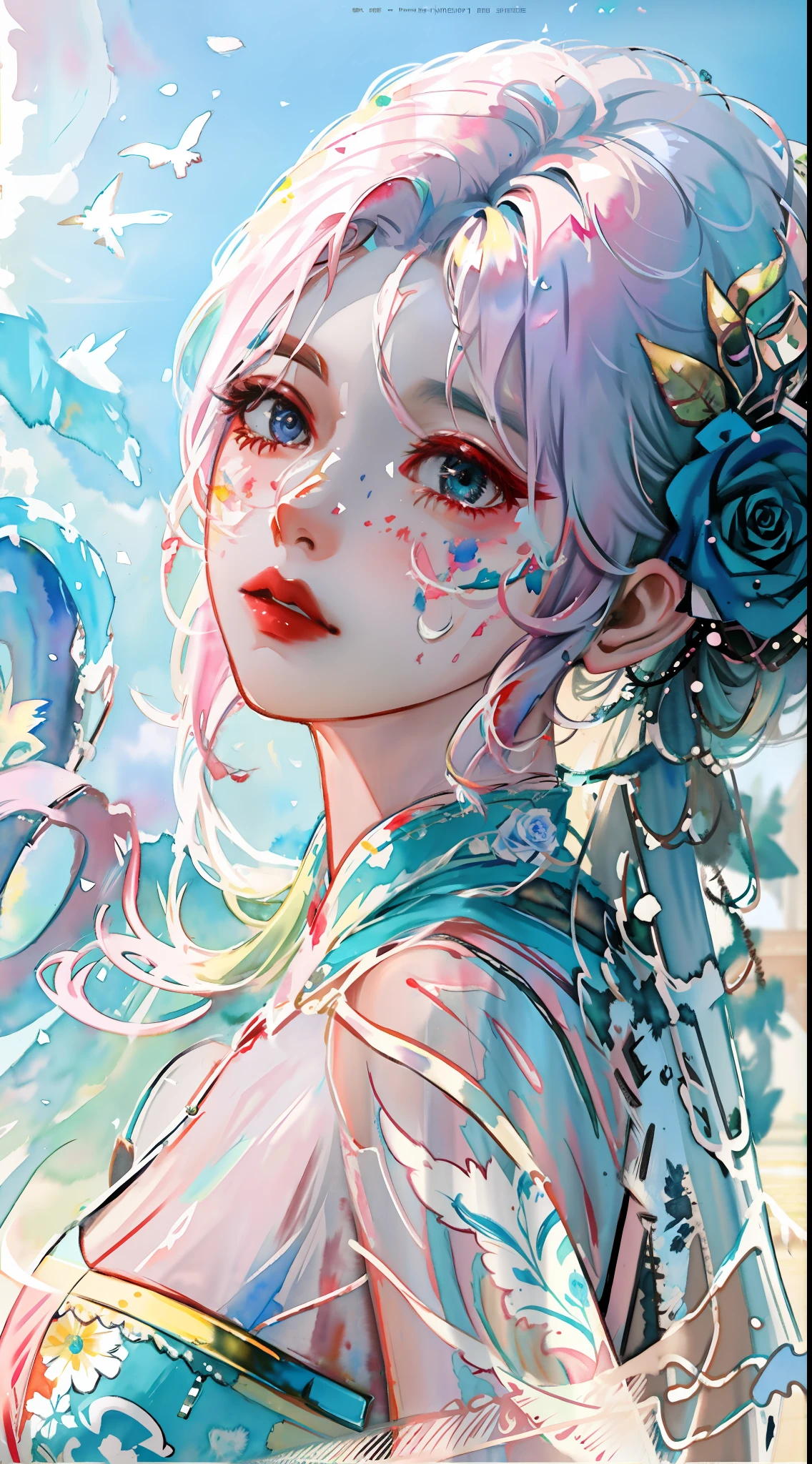 wtrcolor style, (rose) digital art, official art, blown by the wind, masterpiece, beautiful, ((watercolor)), paint splatter, intricate detail. Great detail, [dripping:0.7], Trending on Artstation, Rachel Walker