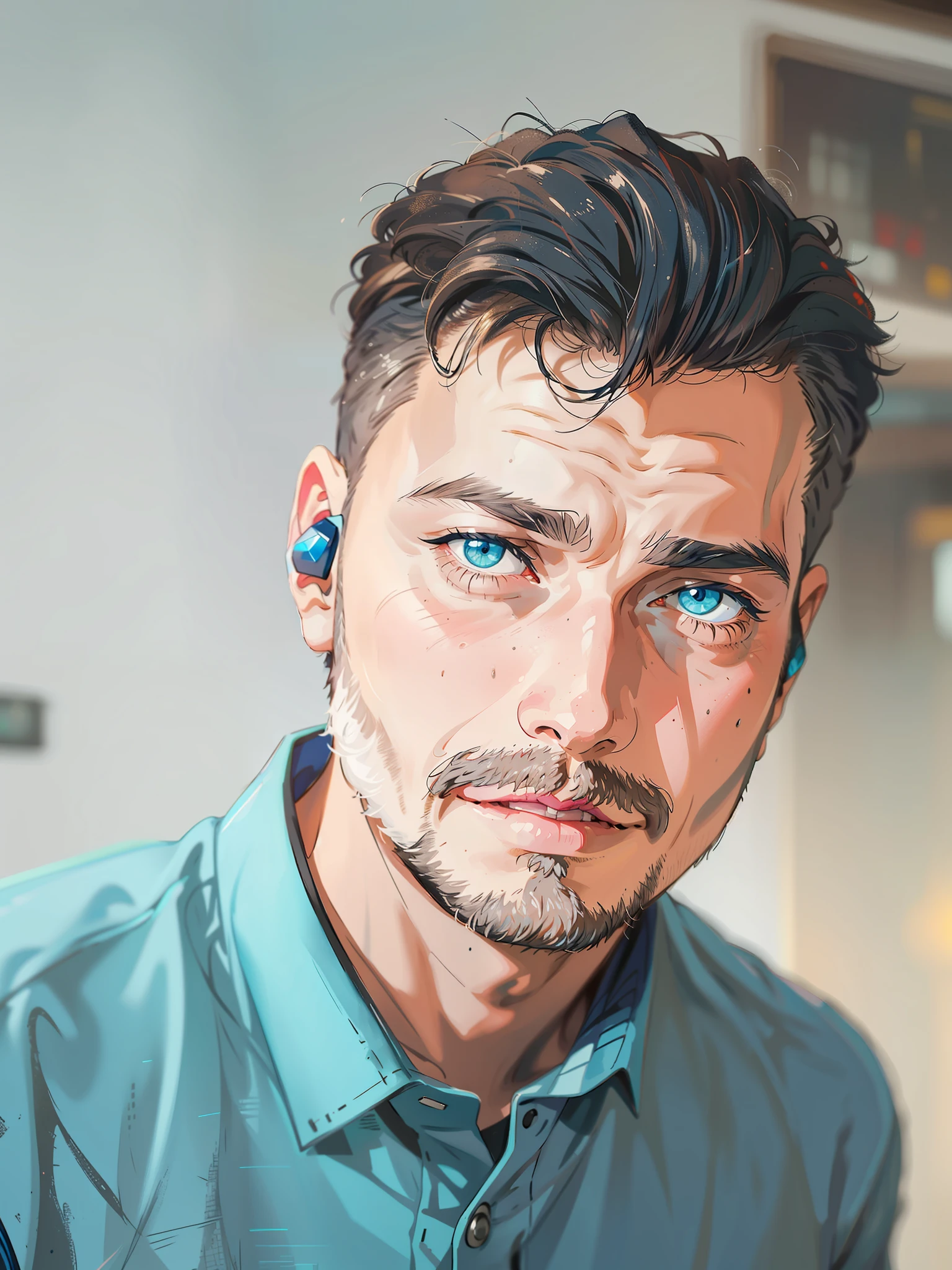 HD, (Best Detail) (Best Quality) There is a man with a beard and a blue shirt, colorful, cyberpunk,