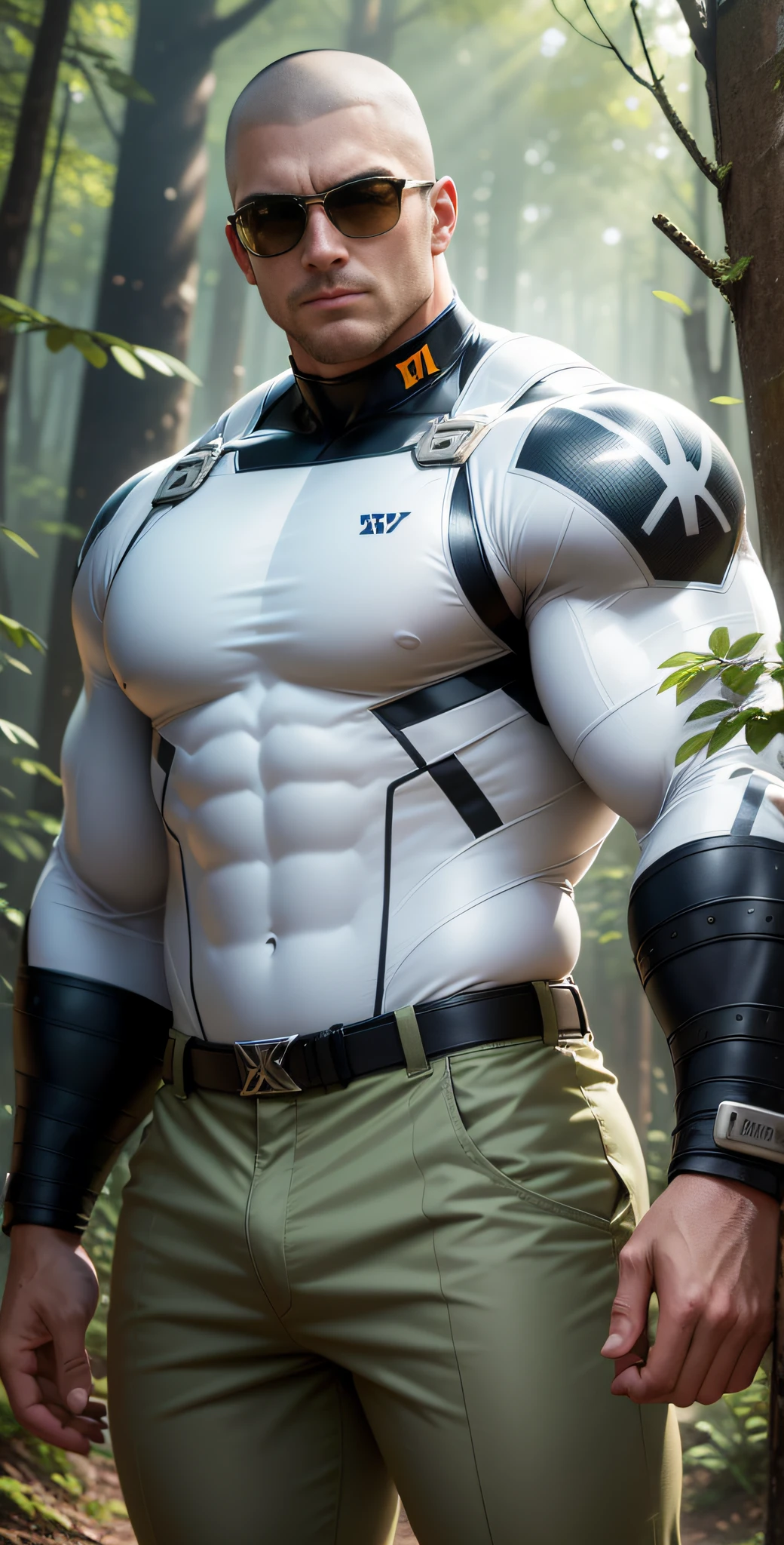 Man in off-white clothes standing in sunny forest, American round head, Buzz cut, national character face, tall and burly, muscular male hero, heroic male pose, muscular! Wearing sunglasses, skins brand white stealth suit, super buff and cool, high resolution committee, character design police, sneakers, charismatic strong male with armor, sunlight shining through the gaps in the woods