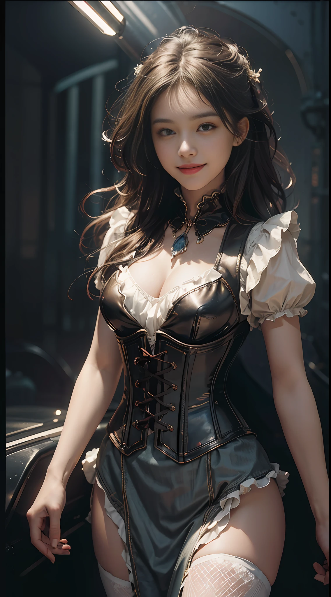 Best Quality, Masterpiece, Ultra High Resolution, (Photorealistic: 1.4), Original Photo, 1girl, Cinematic Lighting,corset dress,glow in background, cowboy shot, smiling , --s2