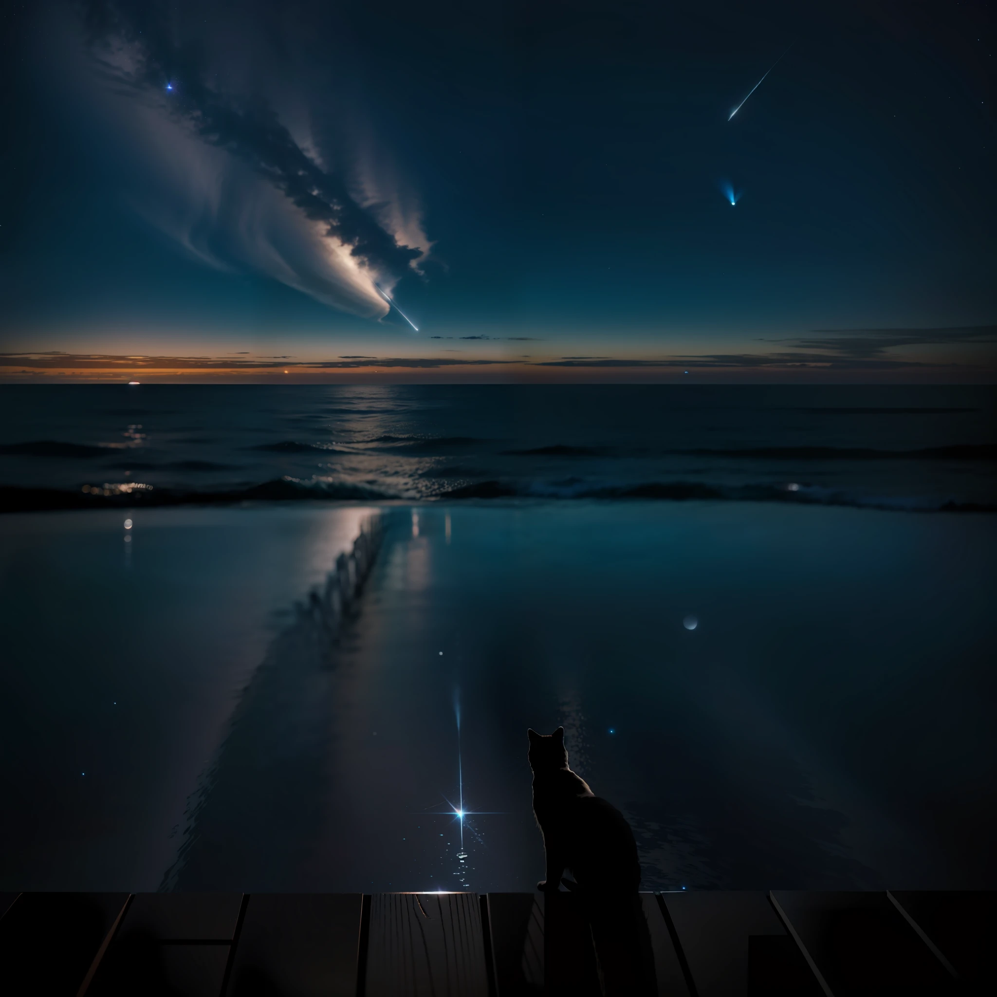 Cat looking at the sea at night with a comet in the stellar sky reflecting in the sea, better quality, 8k, photorealistic