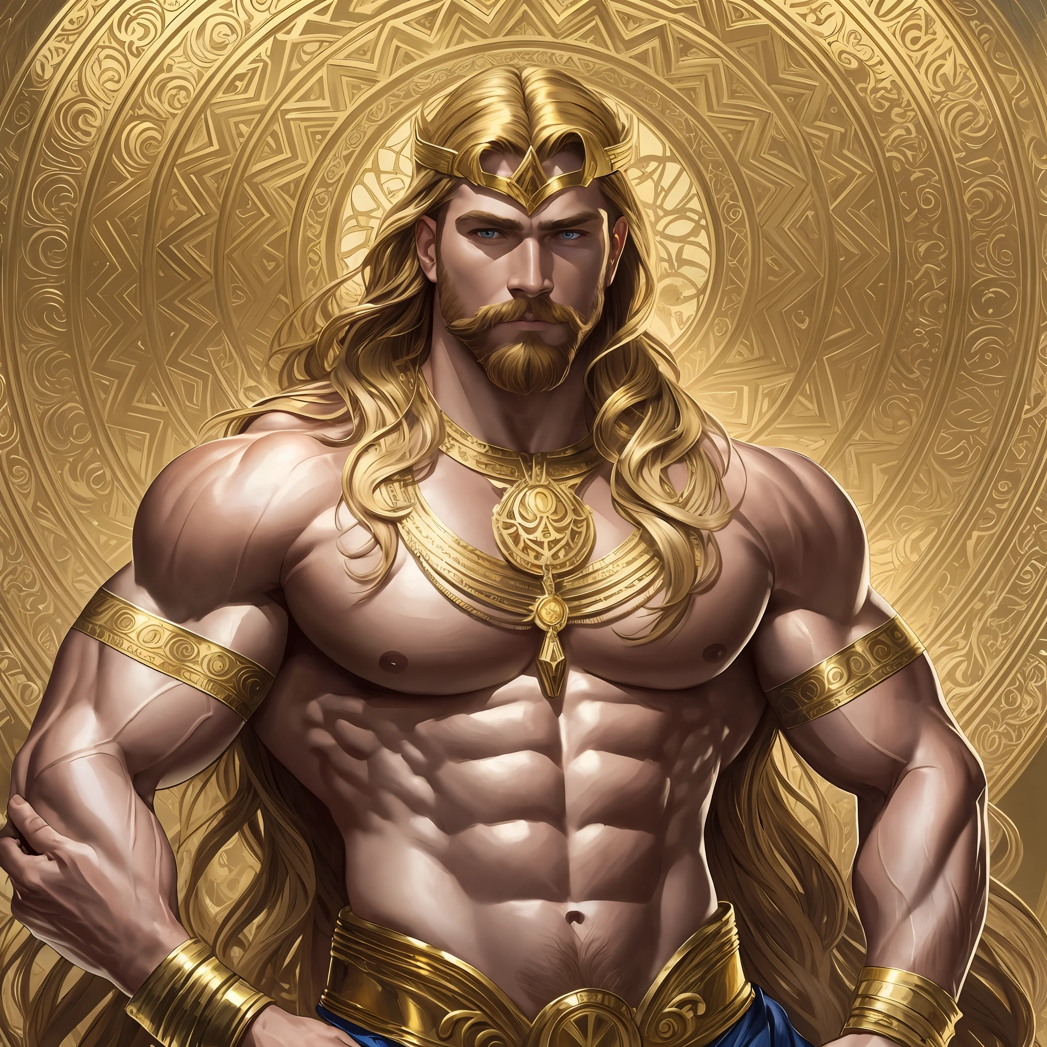 Digital painting, artistic high quality, gold-colored hair, strong pectoral muscles, thick muscles, mythical image - Thor, dreamy elegance, sharp focus, gold jewelry, gold textiles, gaston Busscheler and Alphonse Mucha. --auto --s2