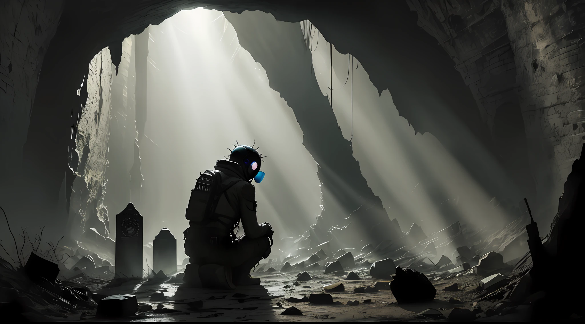 Underground, cave, tombstone, dark and deep, horror, spider, evil, cobweb, cosmic refraction, super thin, cobweb, strong contrast, cold light on the left, warm light on the right, backlight, sharp, underground ruins, (silhouette sitting in a gas mask)