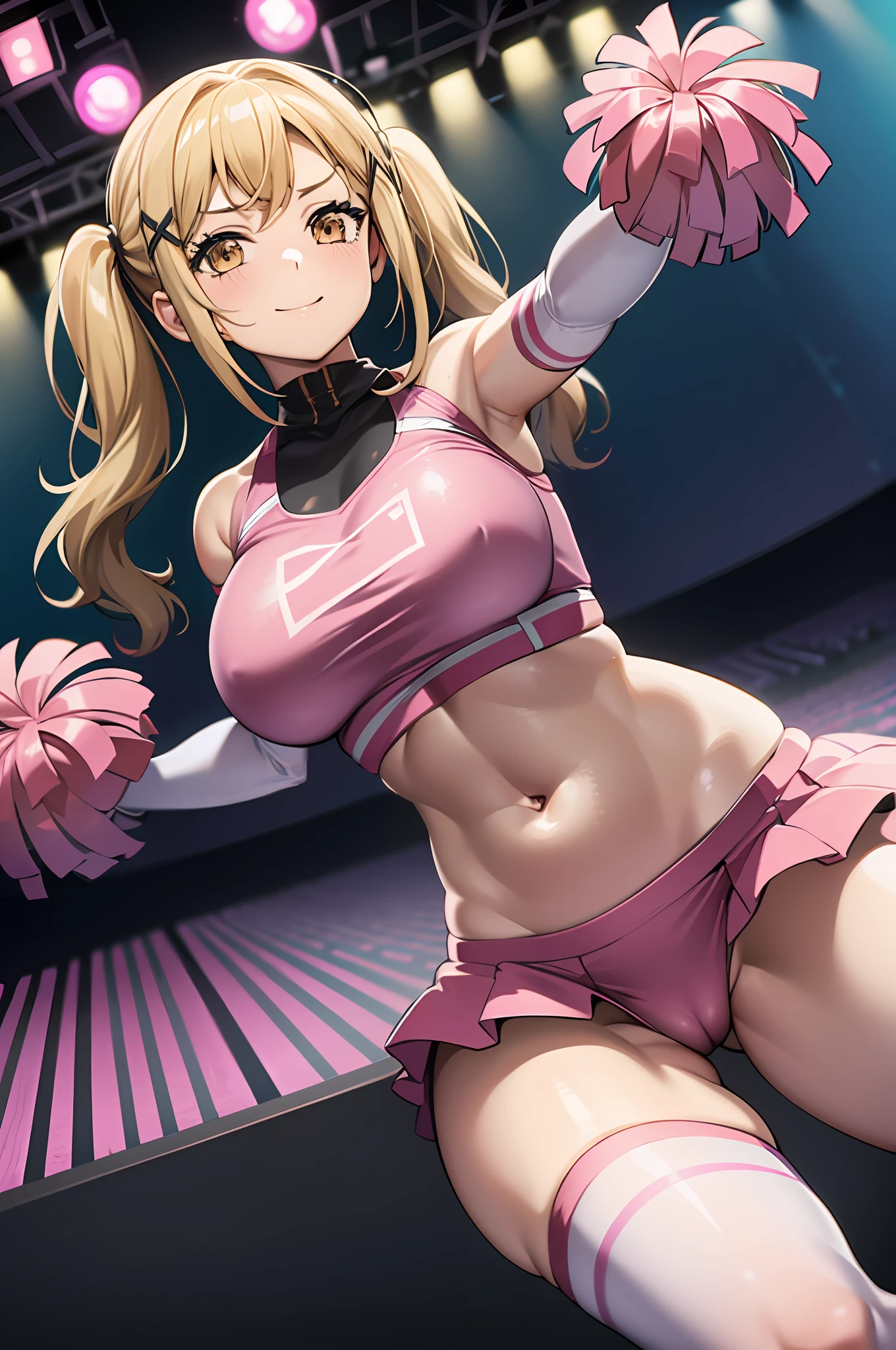 1girl, Arisa ichigaya, x hair ornament, blonde twintails, large breasts, pink cheerleading uniform, belly, stage background, smiling