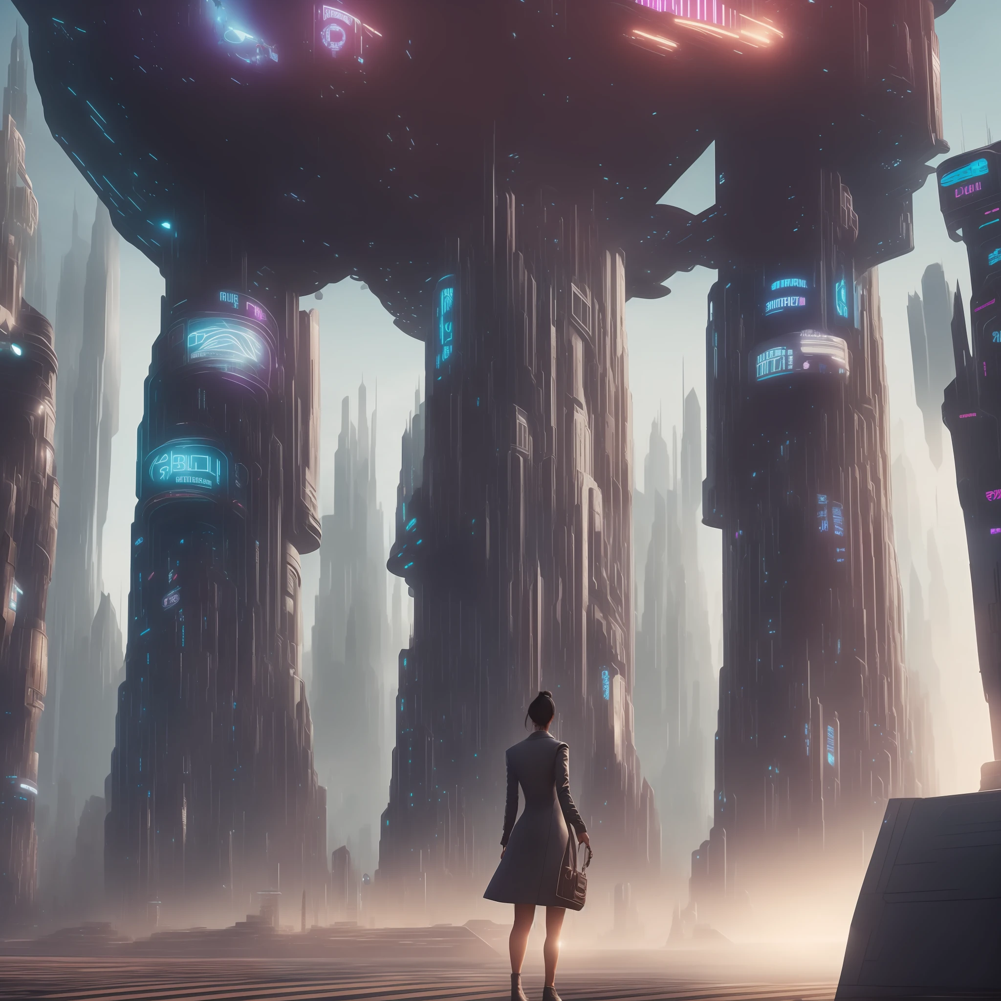 Surrealism, extreme rendering, blurring processing, there is a woman standing on a platform looking at a city, matte painting portrait shot in front of sci-fi cityscape, stylized urban fantasy artwork, movie Bipple, dreamy cyberpunk girl, cinematography concept art, in fantasy sci-fi city --auto --s2