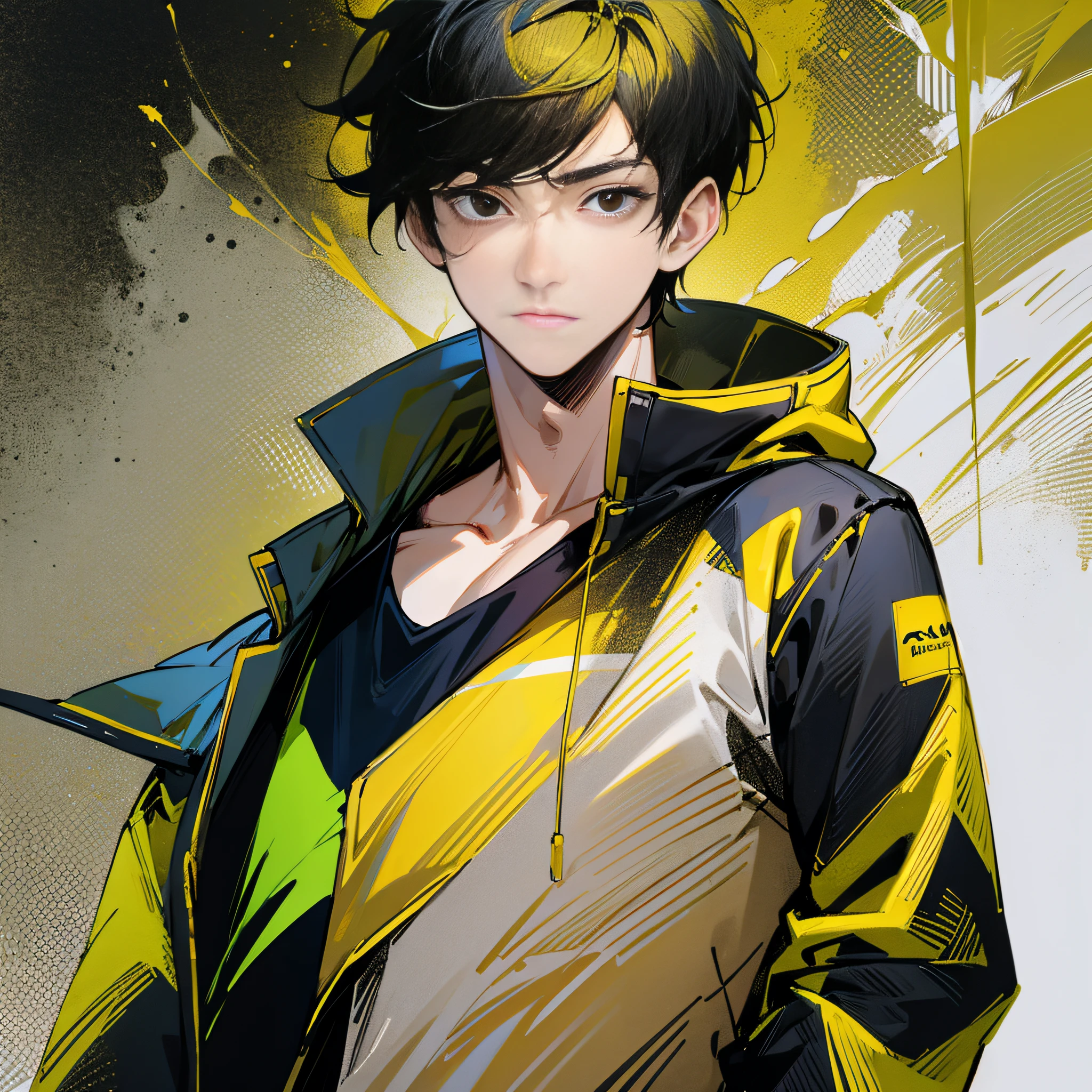 1boy, style image of man in bright yellow jacket and black eyes, short black hair, white background