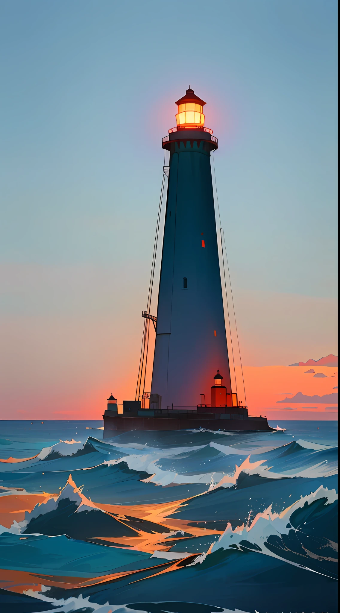 Movie poster production, horror, eerie atmosphere, evening, big scene, sea, horror, lighthouse in the distance, distant view, characters and lighthouse are very small, there is a slightly bright lighthouse in the distance, big scene, there is a small lighthouse in the distance figure of --v 6
