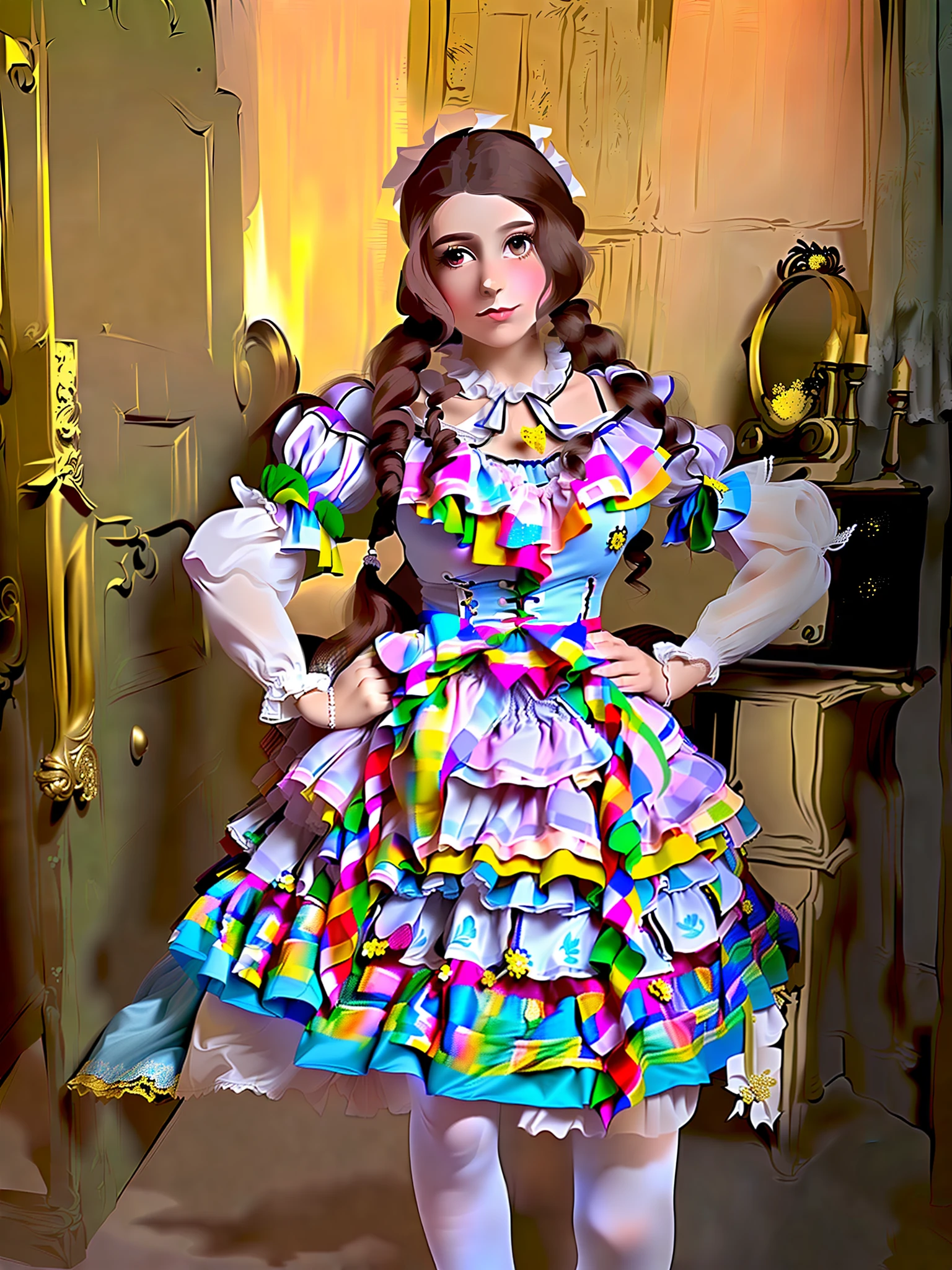 araffe girl in a dress and tights standing in a room, 🤠 using a 🖥, full dress, traditional costume, decora inspired, beautiful costume, traditional dress, authentic costume, patchwork doll, dress in the style of rococo, wearing an ornate outfit, wearing beautiful clothes, frilly outfit, ornate frilly dress, loli