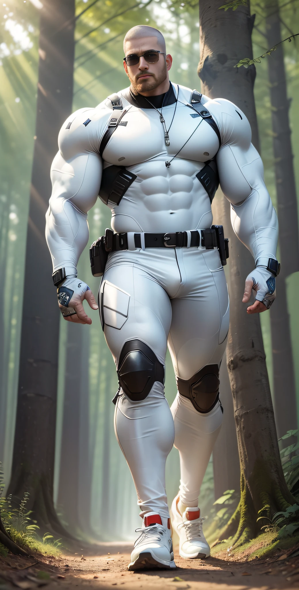 Man in off-white clothes standing in sunny forest, American round head, Buzz cut, national character face, tall and burly, muscular male hero, heroic male pose, muscular! Wearing sunglasses, skins brand white stealth suit, super buff and cool, high resolution committee, character design police, sneakers, charismatic strong male with armor, sunlight shining through the gaps in the woods