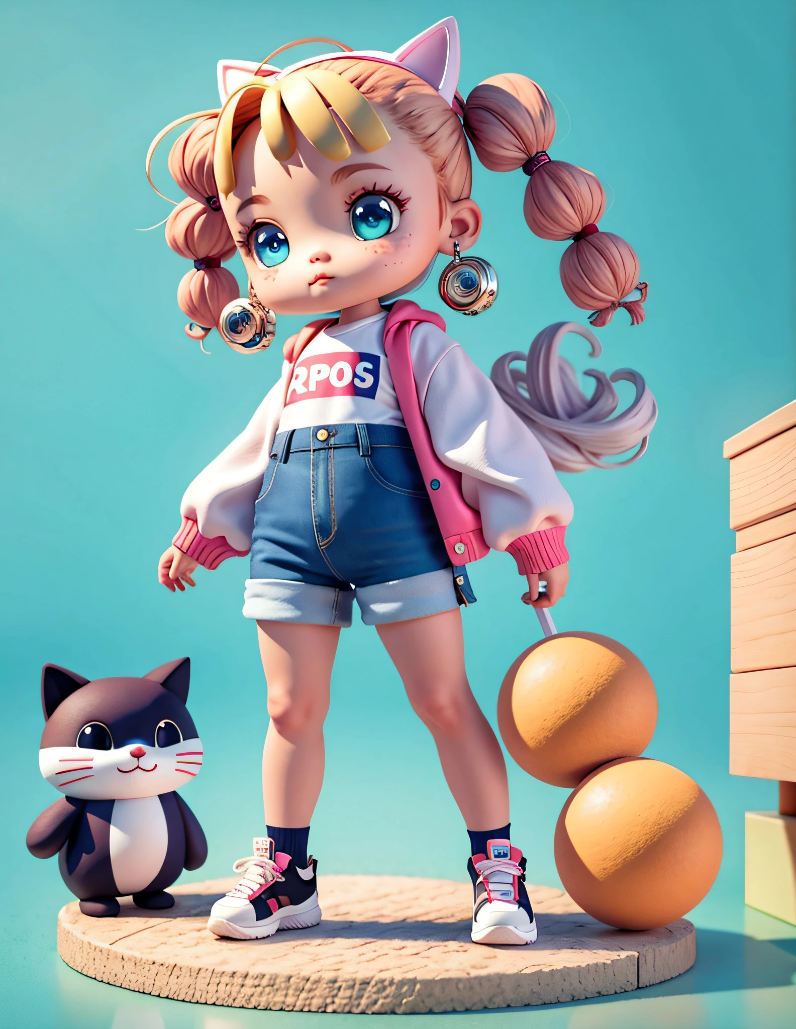 (masterpiece) Cute little girl with big sparkly eyes, eyes, full body, biker shorts, long waist hair, (biker), cats and dogs, city, sporty clothes, crisp details, popmart blind box, clay texture, clean background, natural light, best quality, ultra detail, 3d art, c4d, blender, oc renderer, 3d render, 8k, standing on a base with objects, simple background, Chibi, SD characters: 1.1