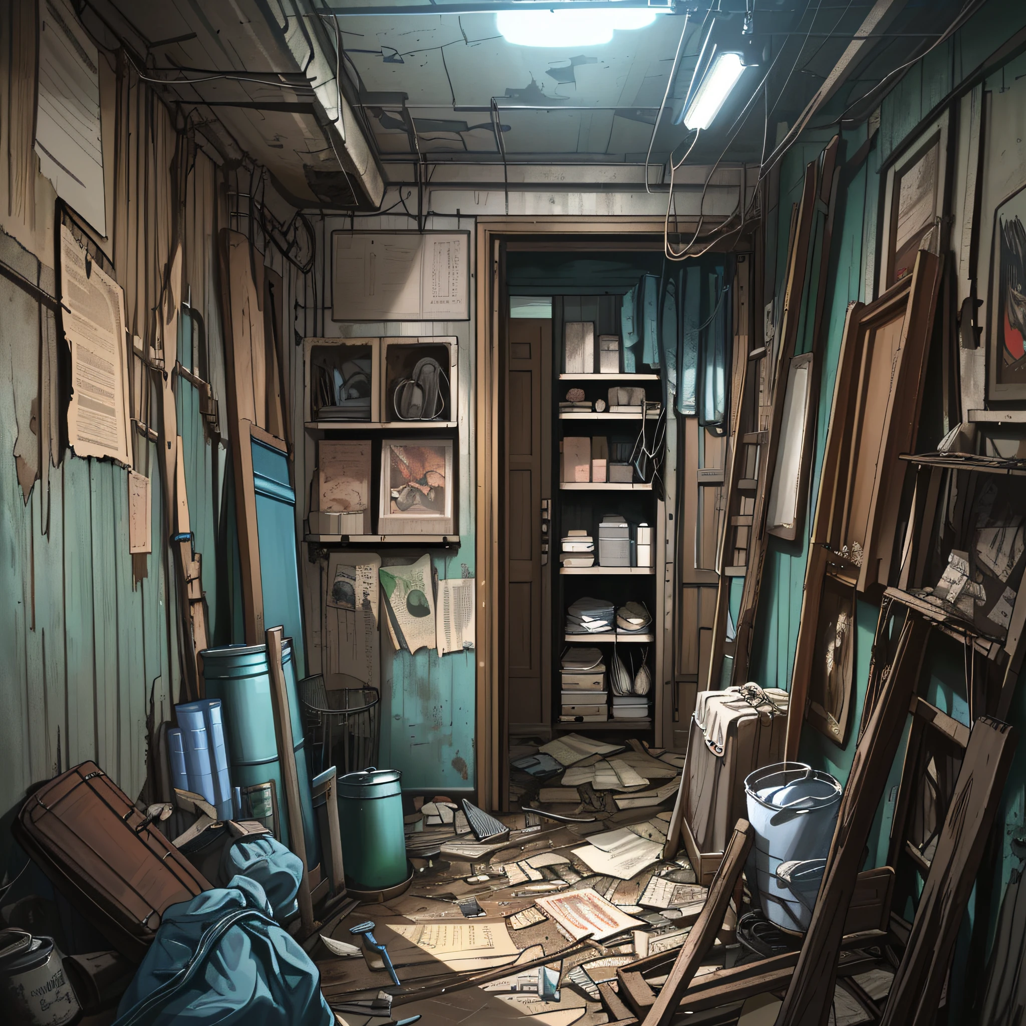 (best resolution),(masterpiece), (best shading), close-up of 1 open red suitcase full of clothes in an abandoned room with (dirt on the floor, some old torn papers, rusty cans, rusty shelves (with plastic containers, pots and tattered books), old posters broken on the walls, cracks on the walls, green mold on the surface,  gray pipes on the walls, some cables pulled by the room, blue night light, dense fog, charged environment