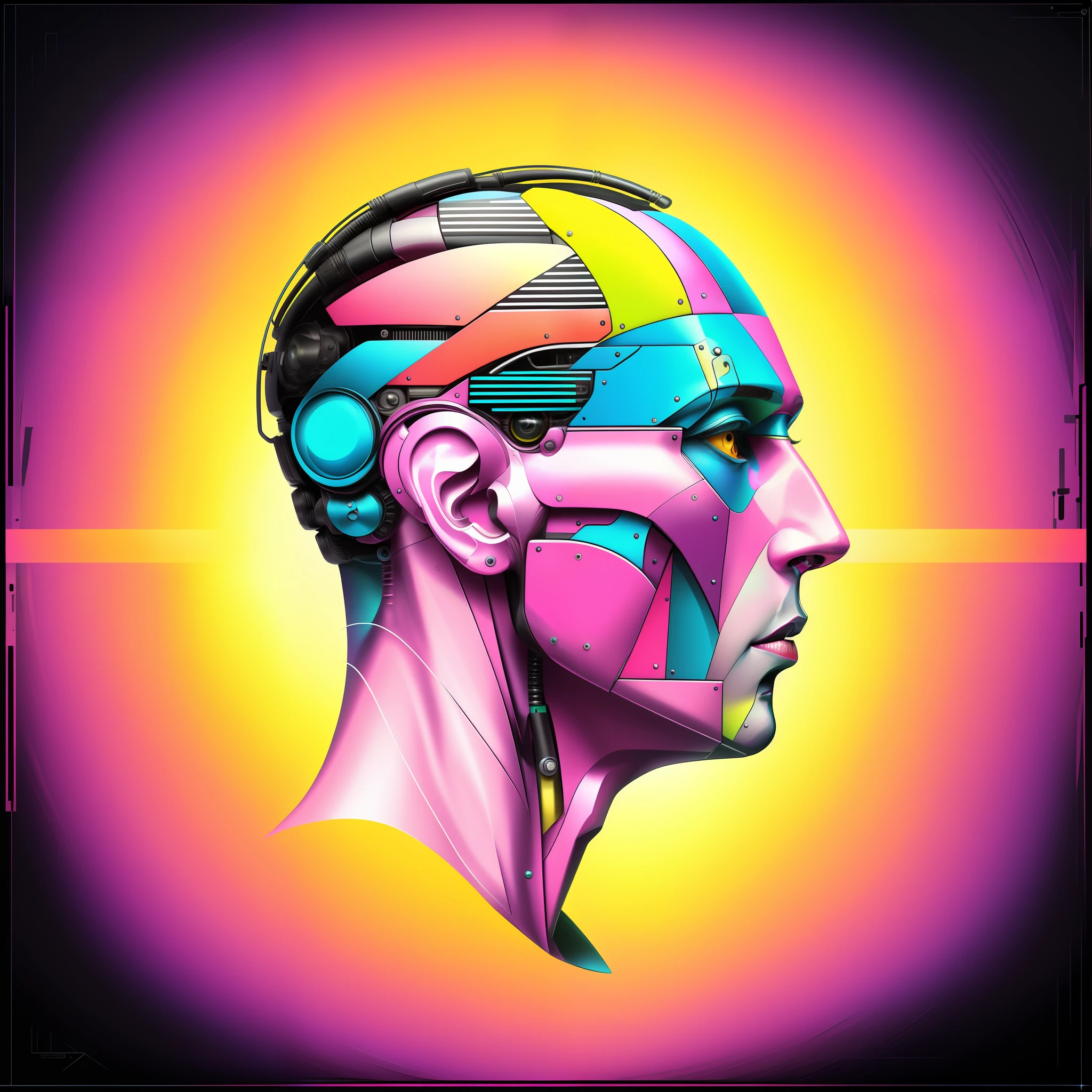 painting of a man with a colorful head piece on his face, cmyk portrait, psychedelic organic cyborg, symmetry!! portrait of cyborg, cybernetic head, surreal psychedelic design, humanoid portrait, symmetrical portrait scifi, vivid colors anatomical, psychedelic digital art, anatomy portrait, portrait digital art, tool band art, detailed portrait of a cyborg