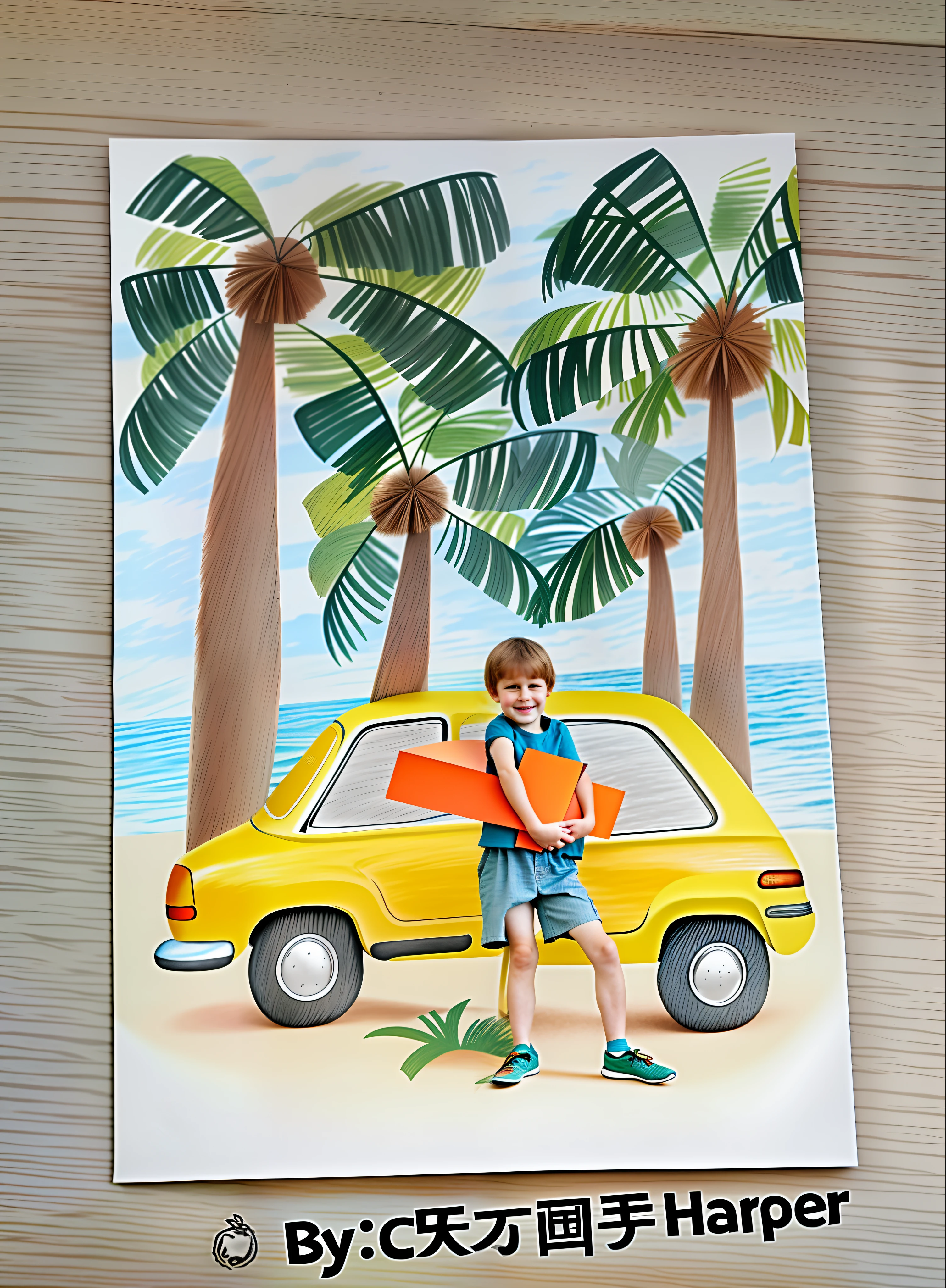 a close up of a drawing of a person standing next to a car, titled'holiday at the beach ', based on child's drawing, a color pencil sketch, color drawing, winning artwork, 7 year old crayon drawing, colored drawing, colorized pencil sketch, pastel artwork, added detail, 🪔 🎨;🌞🌄, illustration!, kid's drawing, artwork