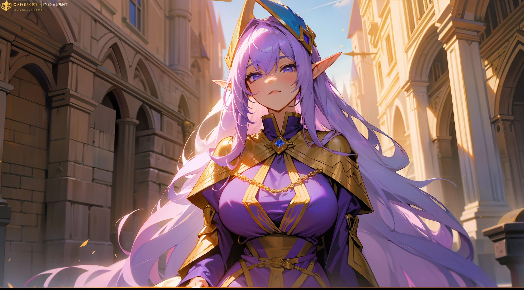 An elf mage, long lilac hair, bangs, large breasts, hair between the eyes, heroic posture, lilac eyes, full body, golden and purple robes, confident, fantasy, medieval, amid medieval streets, rays of sun