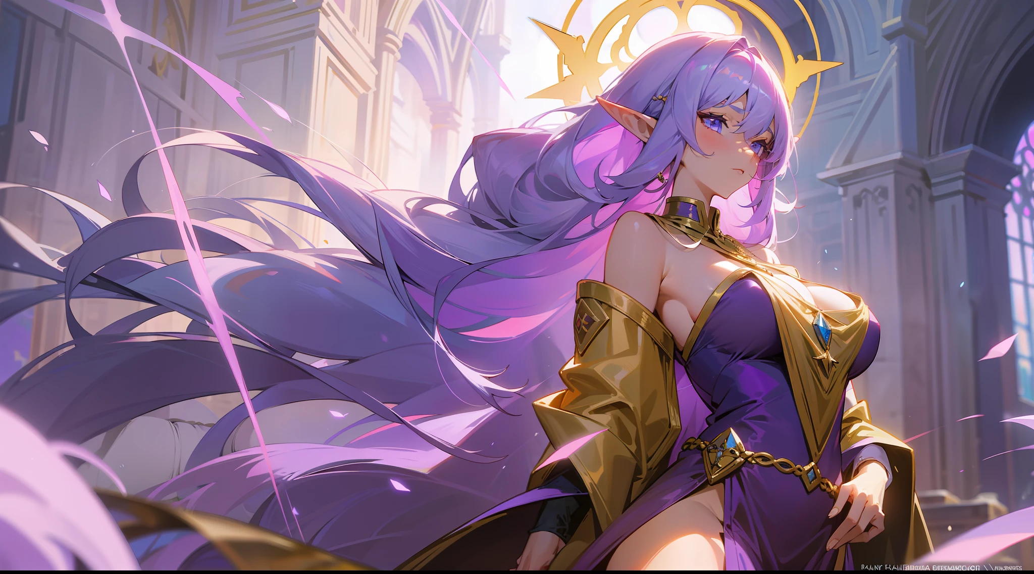 An elf mage, long lilac hair, bangs, large breasts, hair between the eyes, heroic posture, lilac eyes, full body, golden and purple robes, confident, fantasy, medieval, amid medieval streets, rays of sun